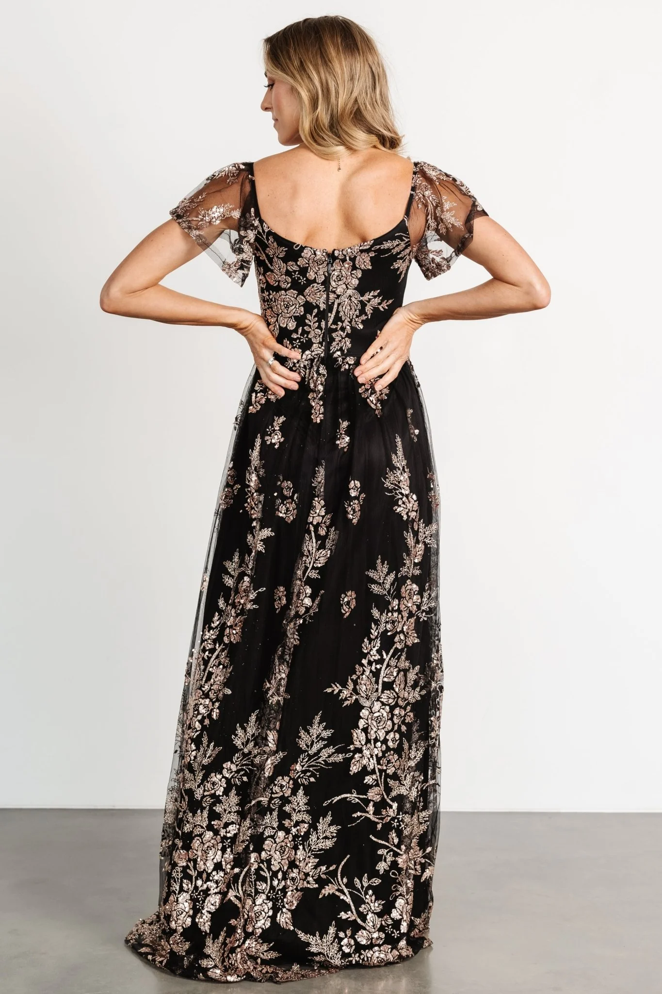 Corinne Shimmer Maxi Gown | Black + Rose Gold