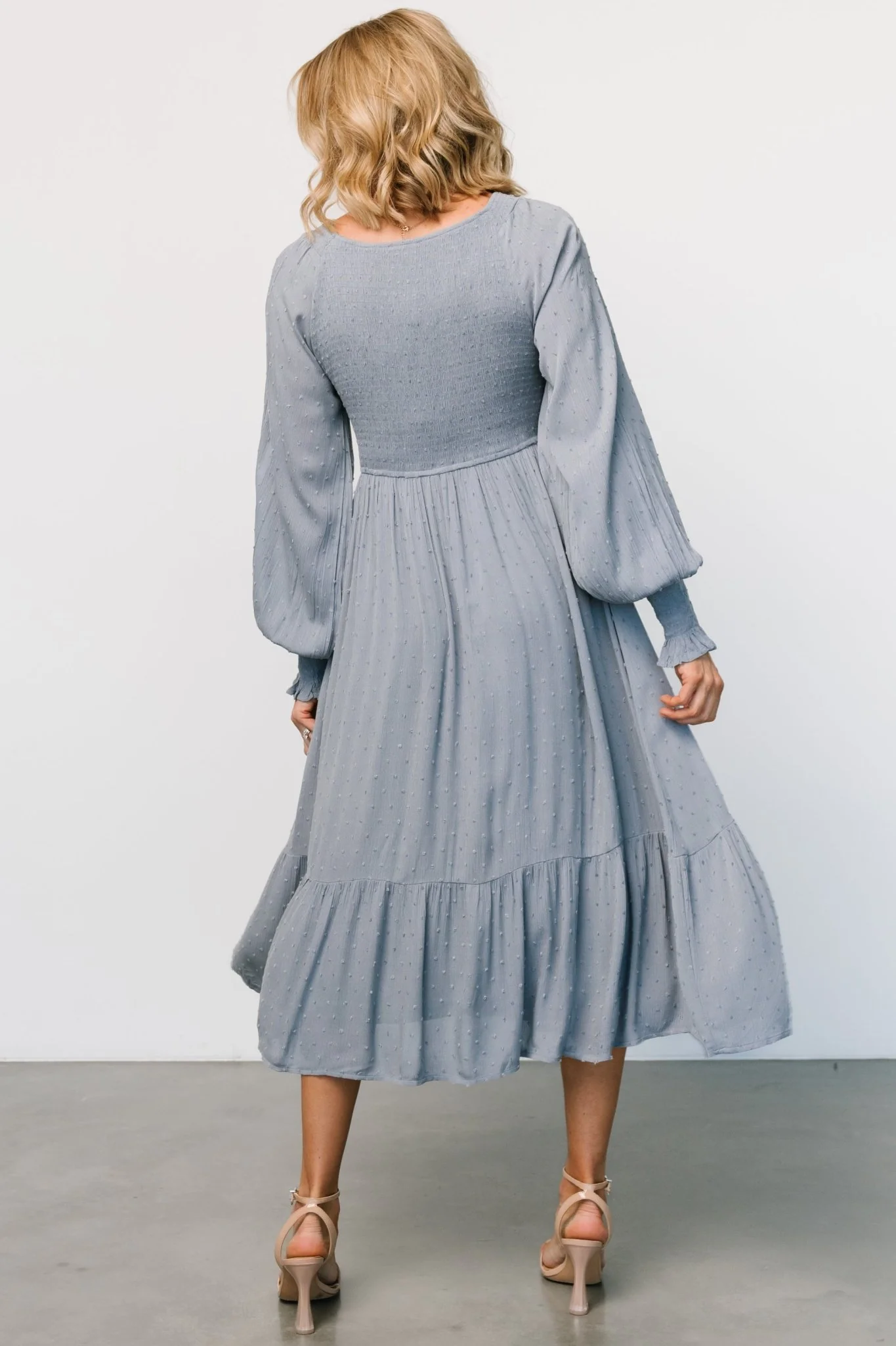 Lainey Smocked Dotted Midi Dress | Dusty Blue
