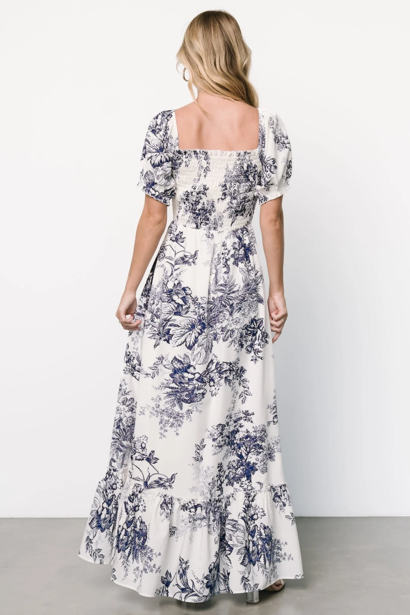 Capri Smocked Maxi Dress | Ivory + Blue Floral