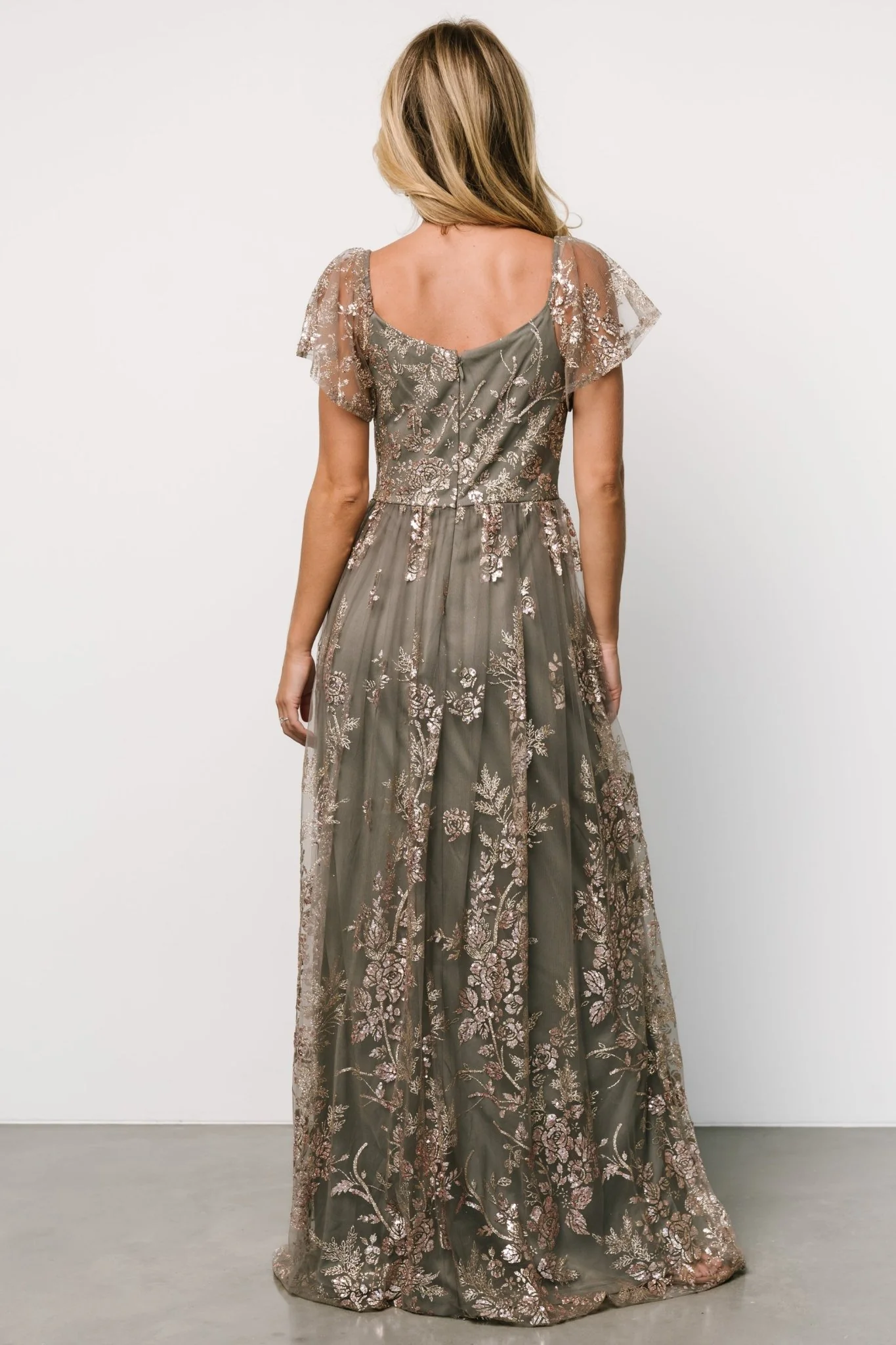 Corinne Shimmer Maxi Gown | Dark Sage + Rose Gold