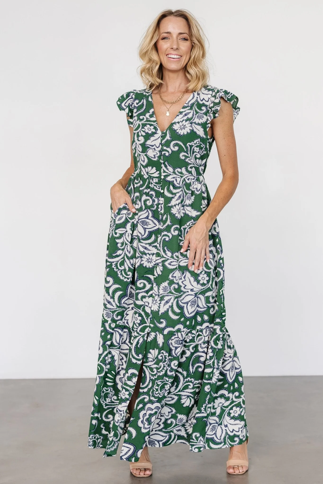 Kaia Button Maxi Dress | Green Print