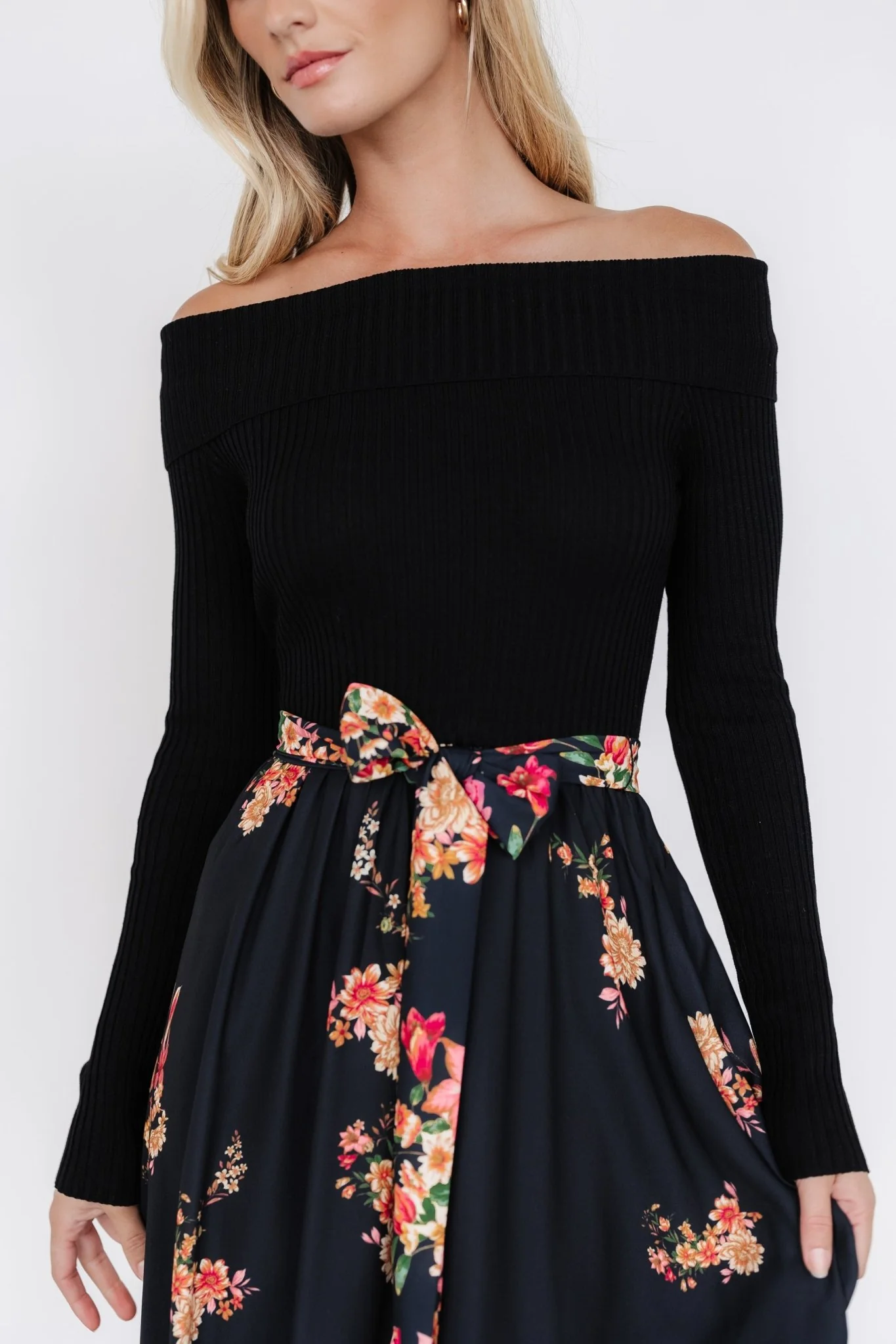 Qadira Off Shoulder Dress | Black + Multi Floral