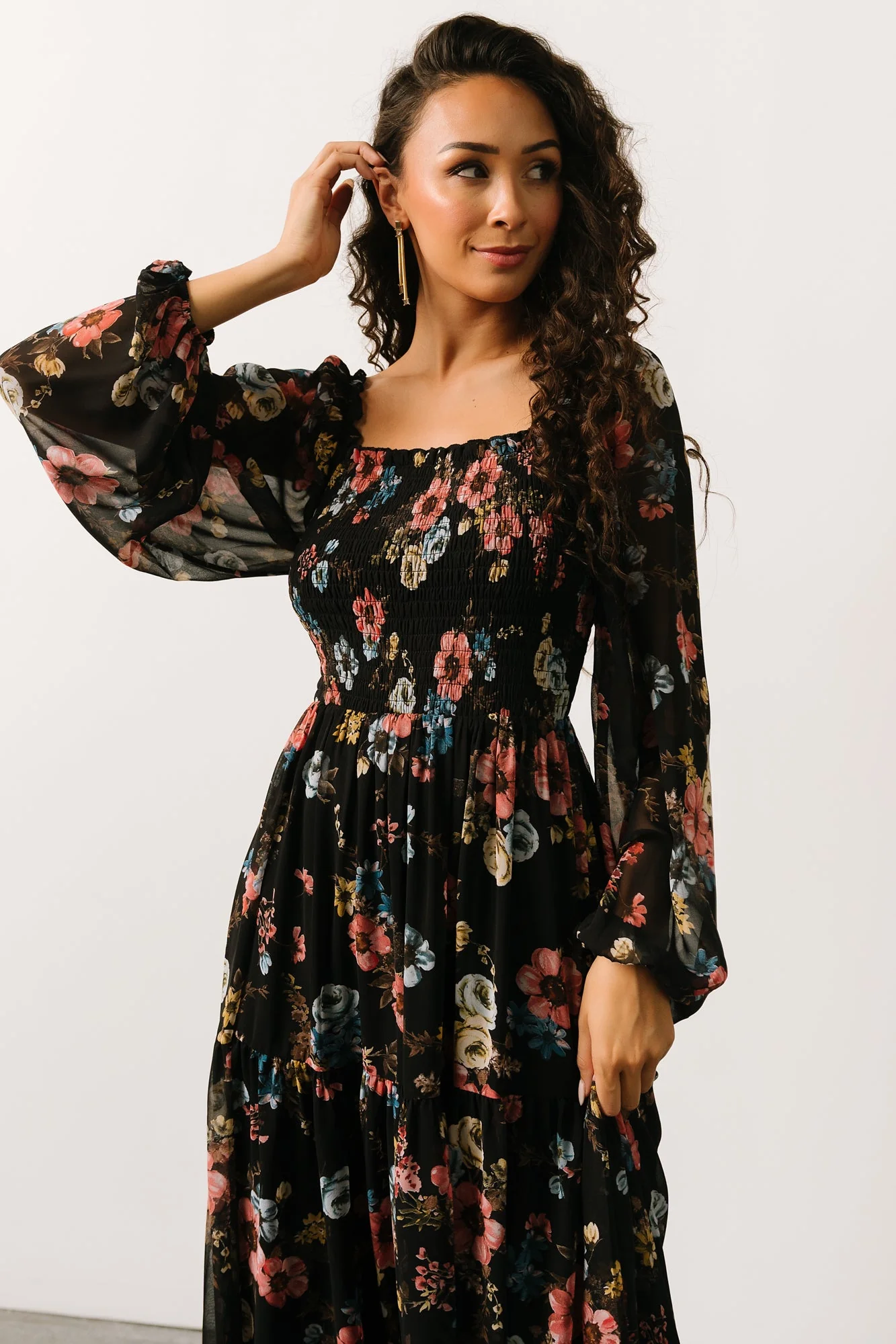 Isabela Smocked Maxi Dress | Black Multi Floral