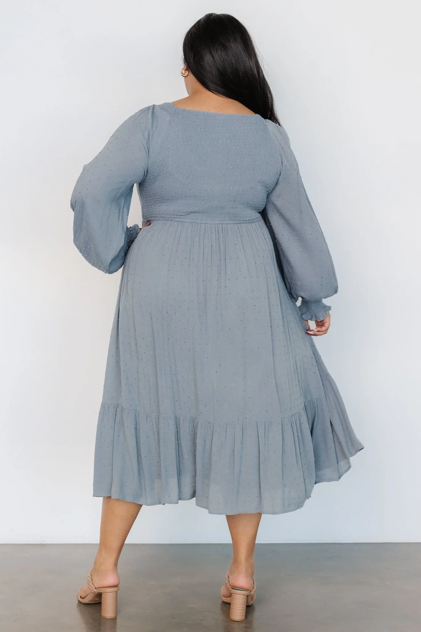 Lainey Smocked Dotted Midi Dress | Dusty Blue