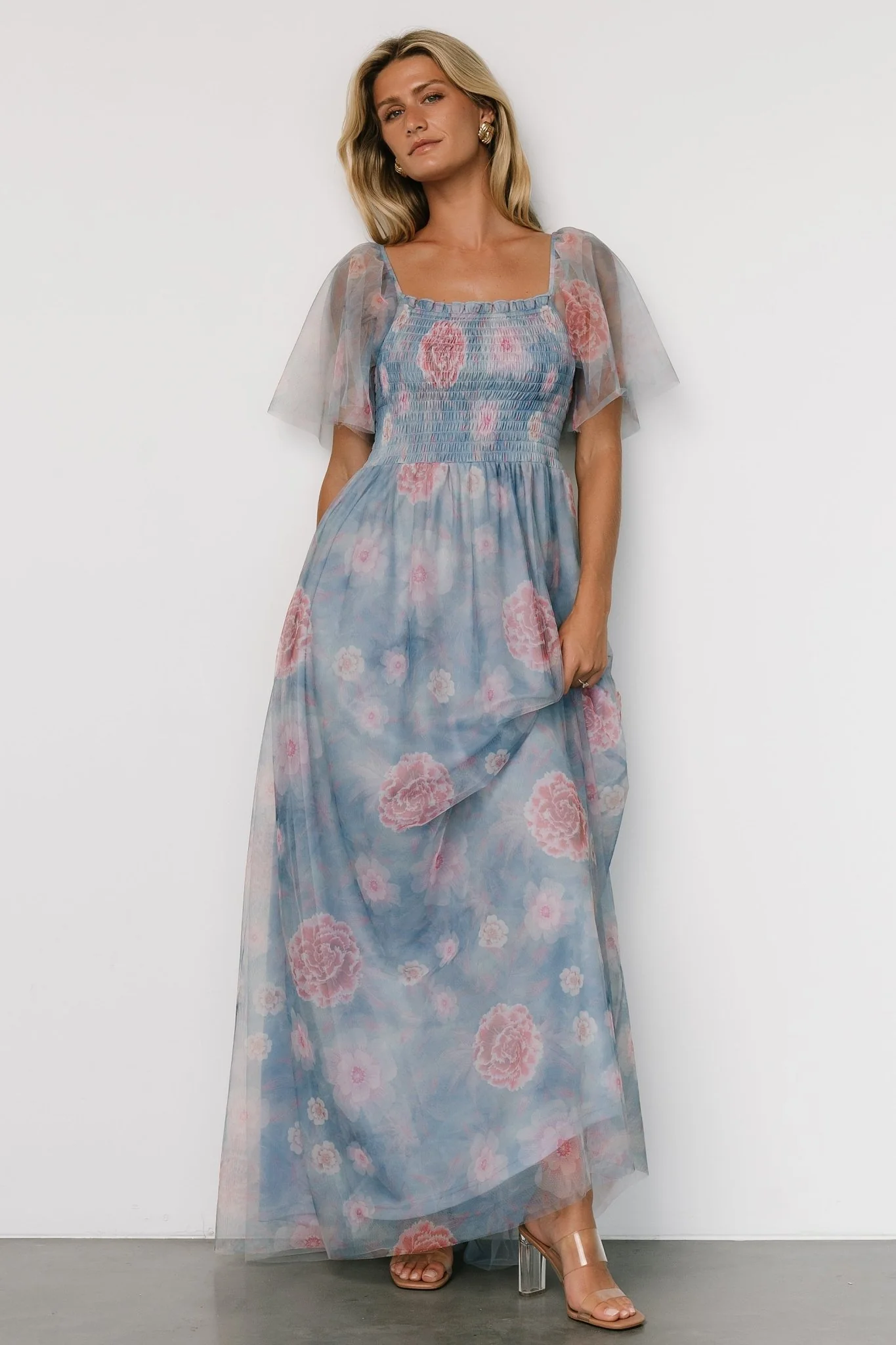 Cassandra Tulle Maxi Dress | Light Blue + Pink Floral