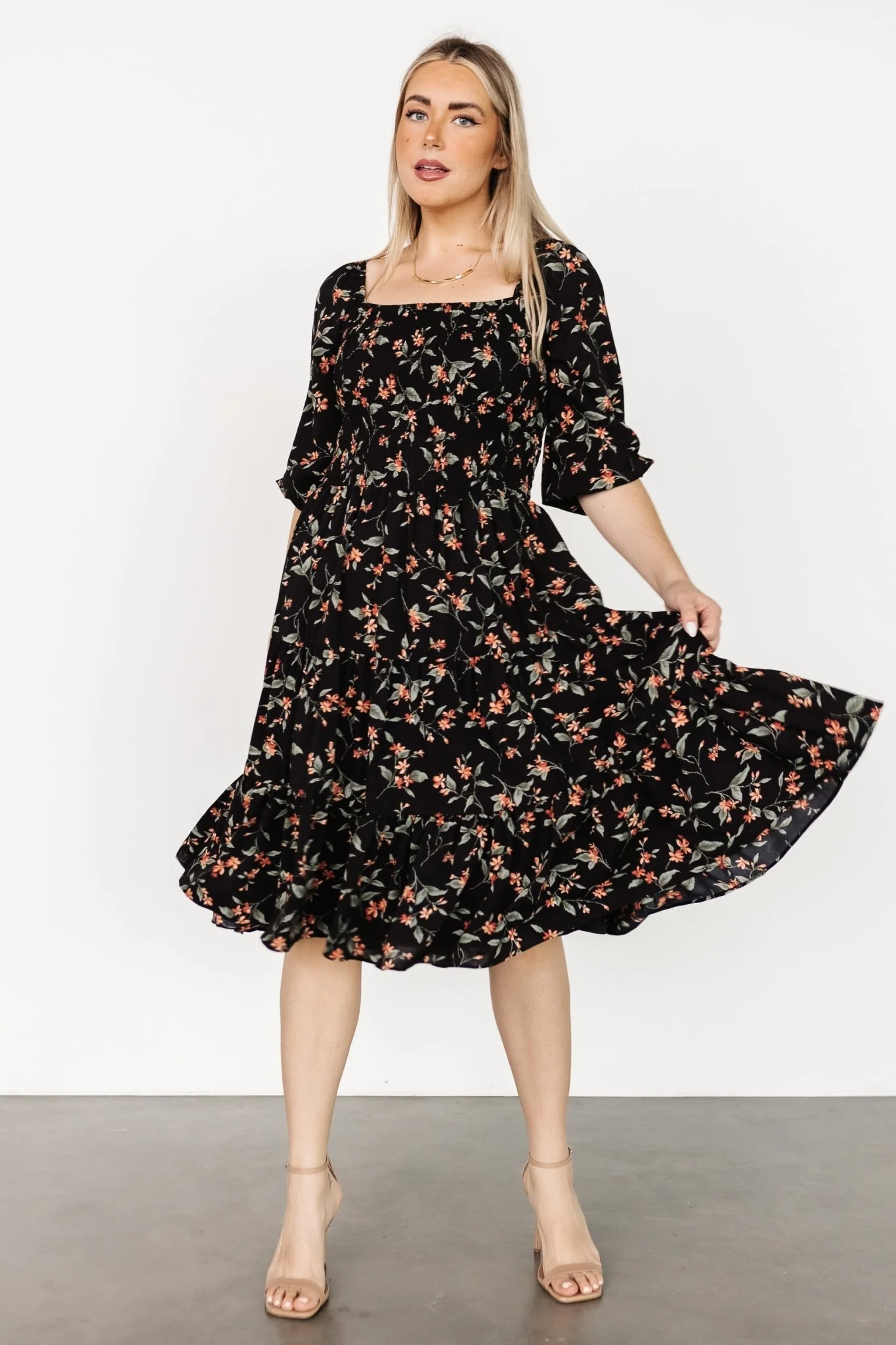 Marta Smocked Midi Dress | Black Floral