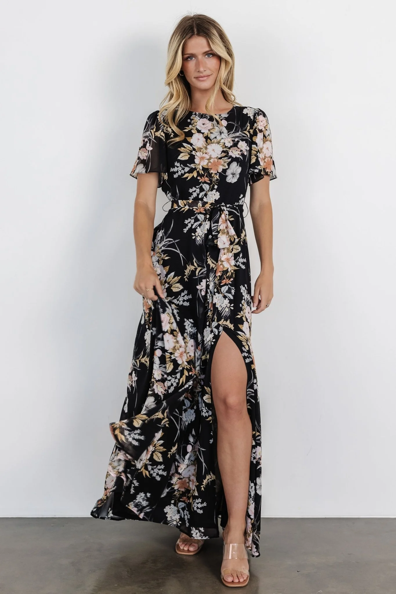 Naomi Short Sleeve Maxi Dress | Black Floral