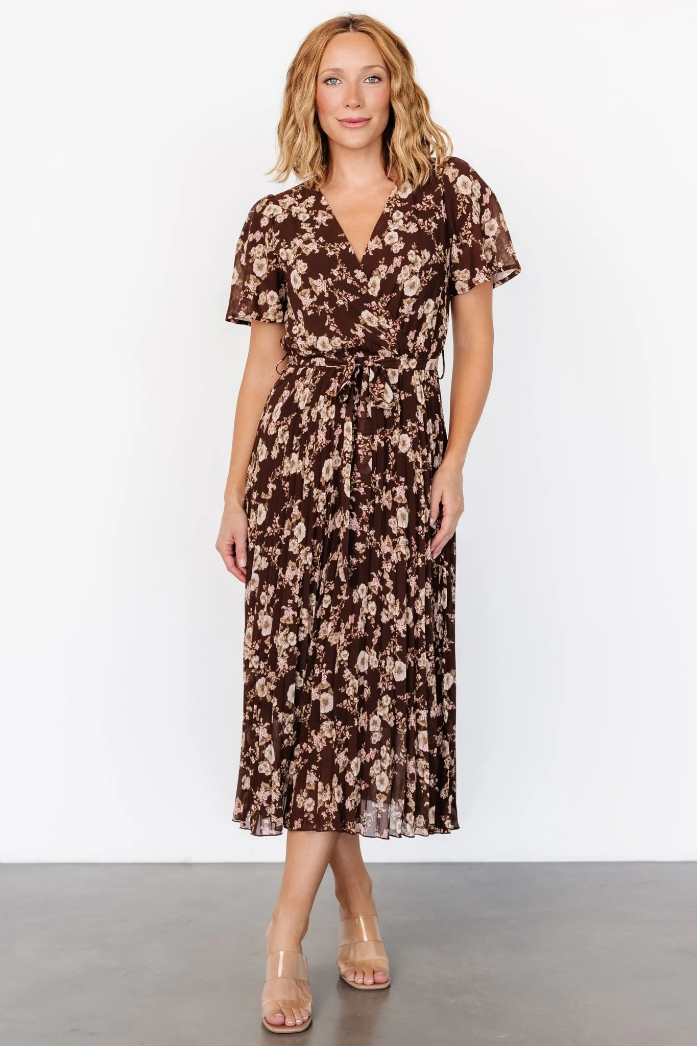 Cassidy Pleated Midi Dress | Brown Floral