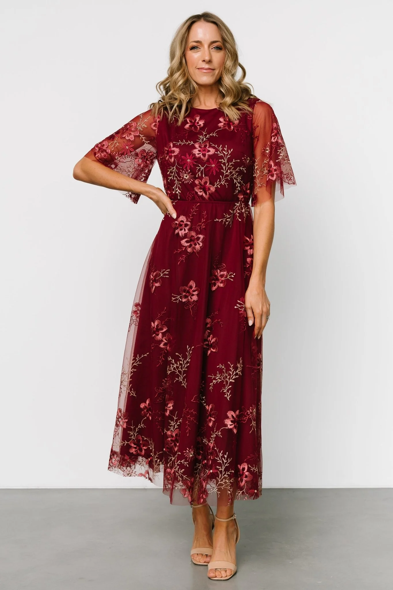 Arabella Embroidered Tulle Maxi Dress | Burgundy Floral
