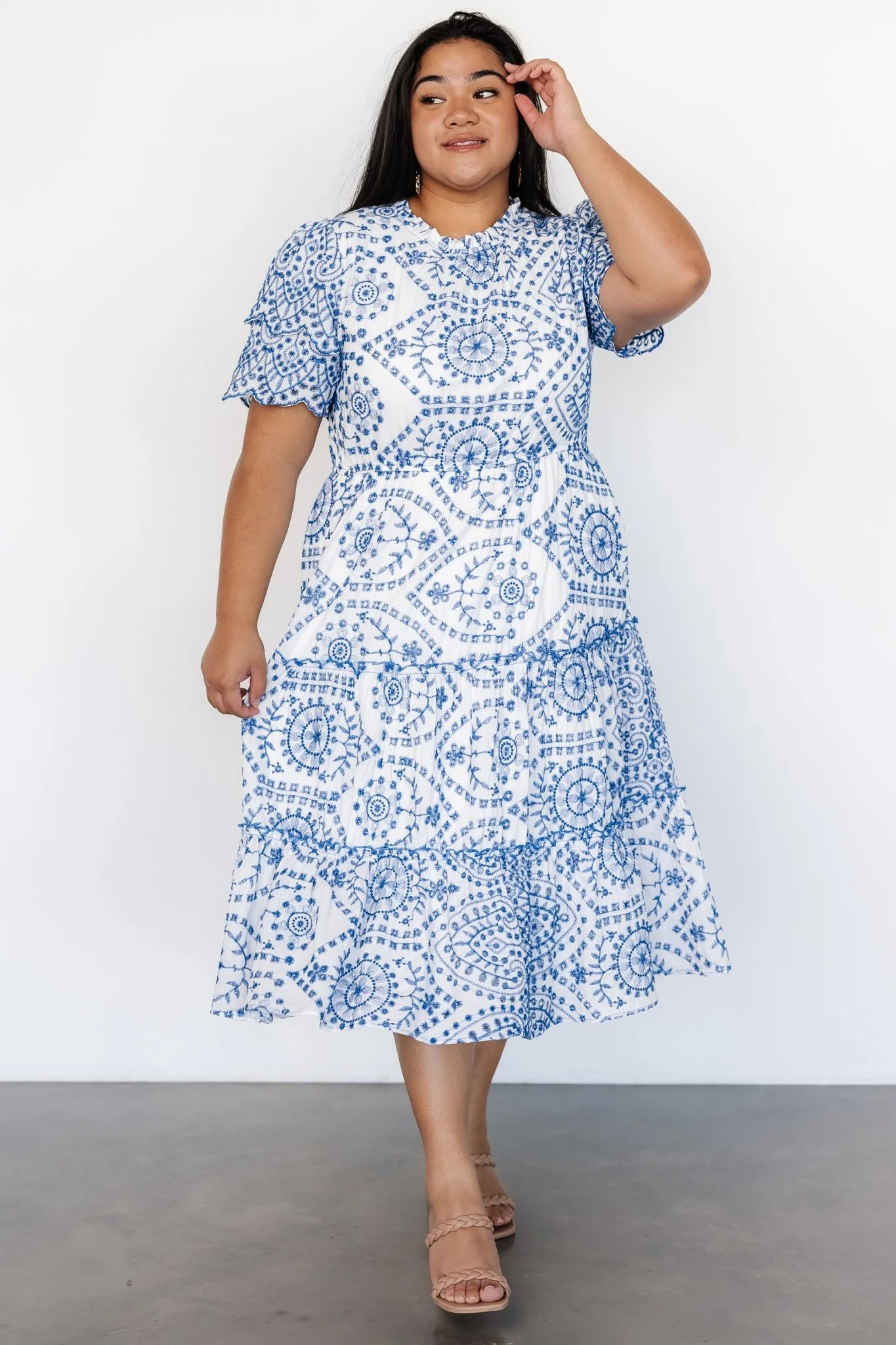 Mirabel Eyelet Midi Dress | White + Blue