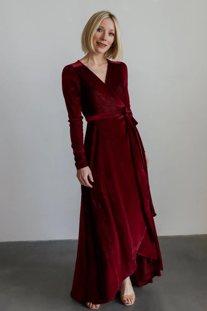 Serena Shimmer Velvet Wrap Dress | Merlot