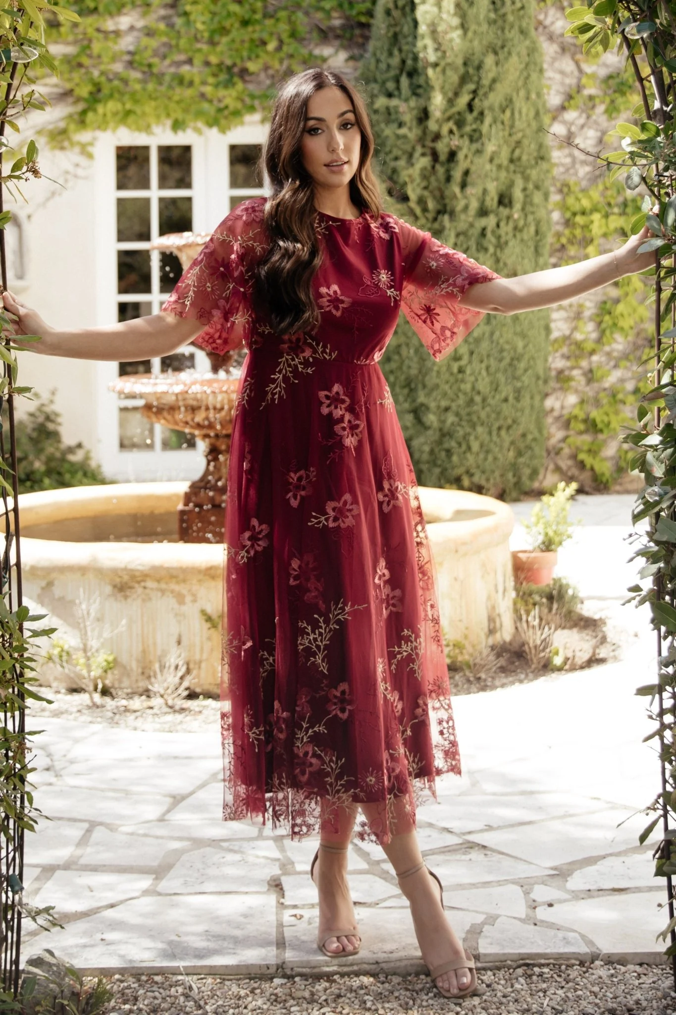 Arabella Embroidered Tulle Maxi Dress | Burgundy Floral