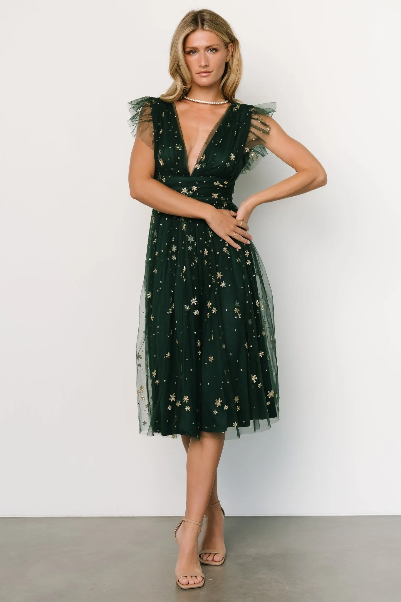 Chiara Shimmer Midi Dress | Green + Gold