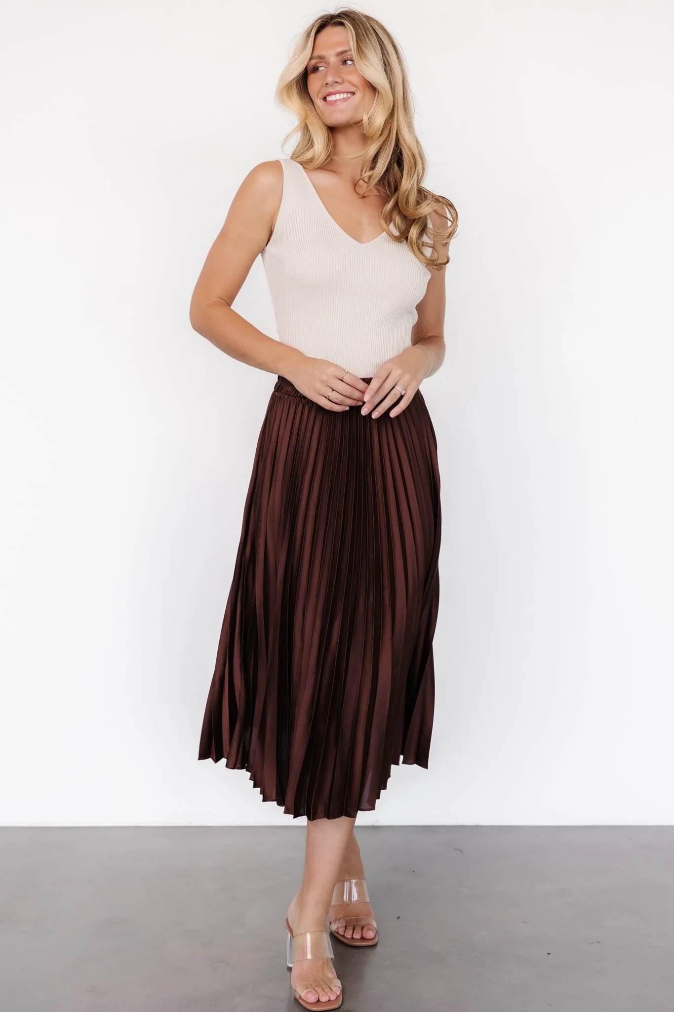 Demetria Pleated Midi Skirt | Dark Brown