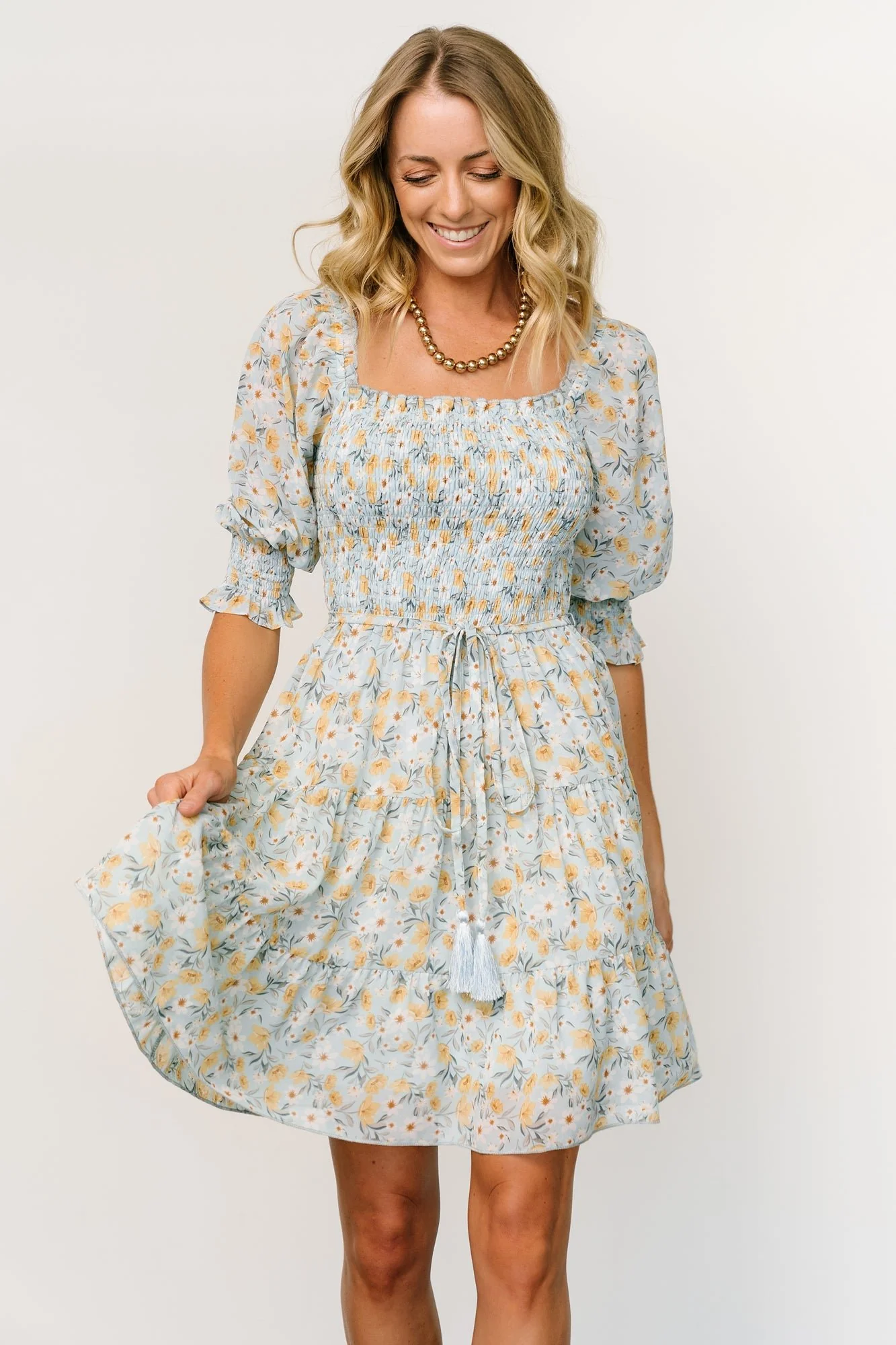 Azlyn Smocked Short Dress | Light Blue Floral