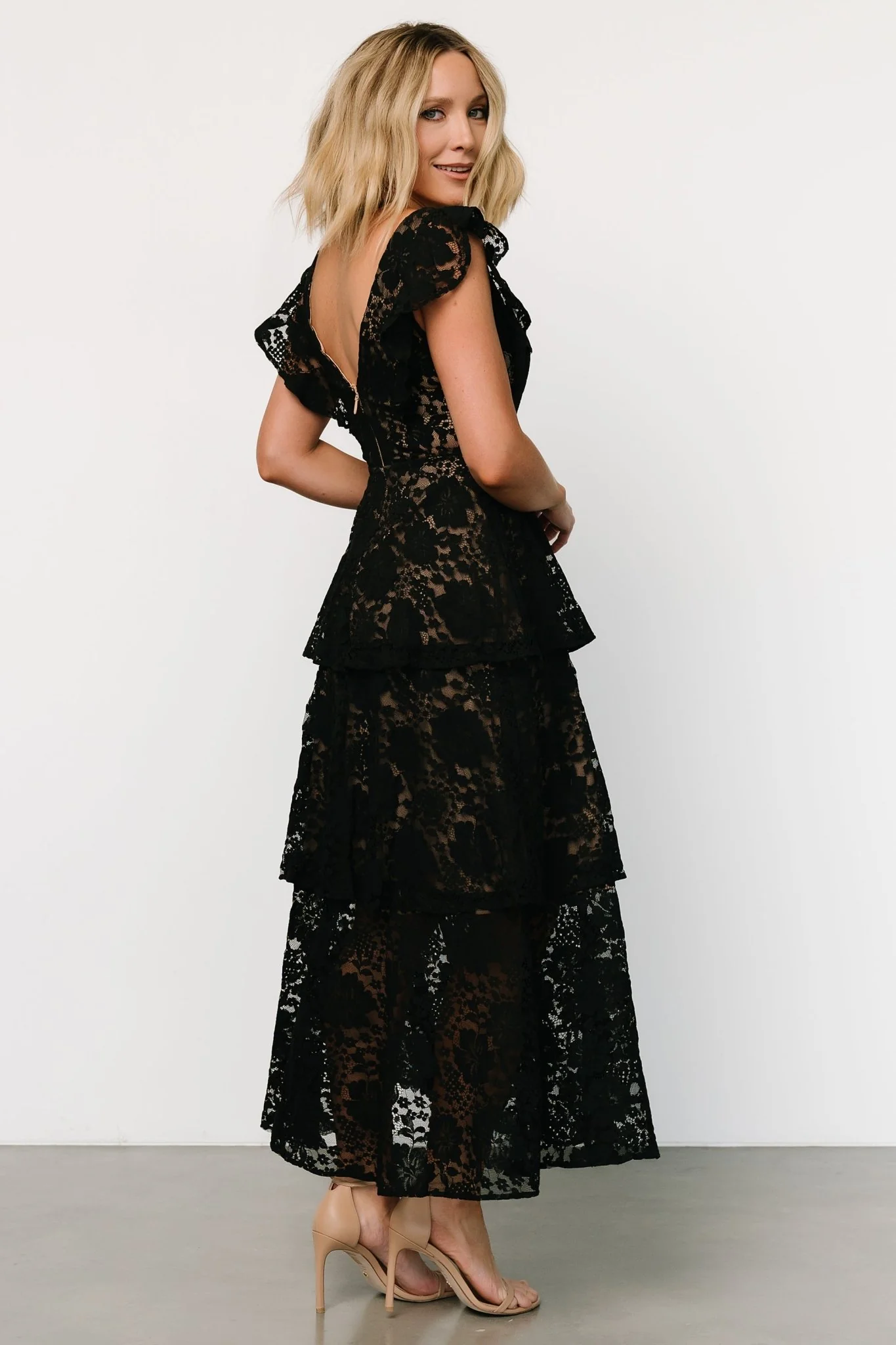 Margot Lace Tiered Maxi Dress | Black + Nude