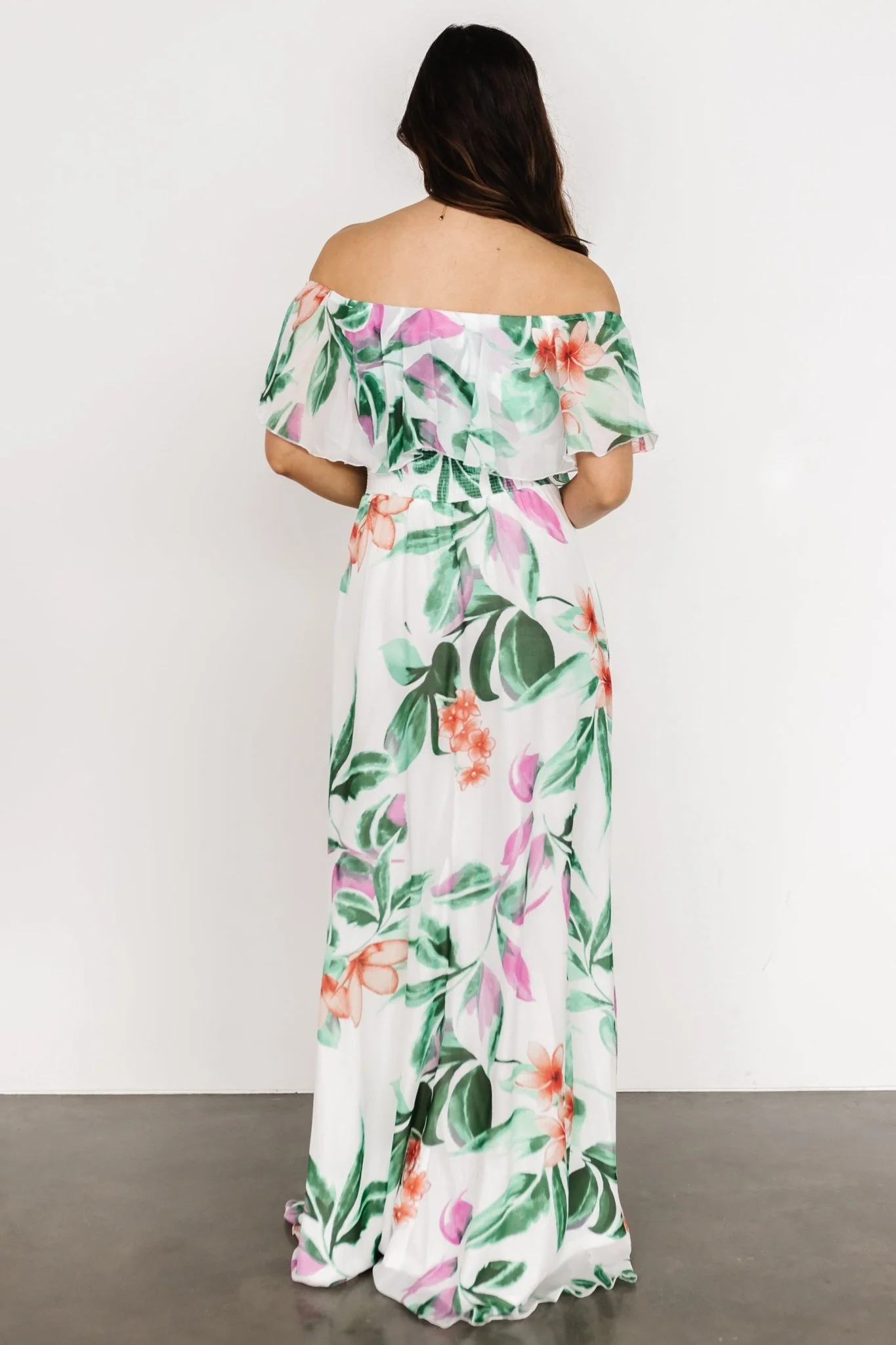 Daphne Off Shoulder Maxi Dress | White + Green Multi Floral