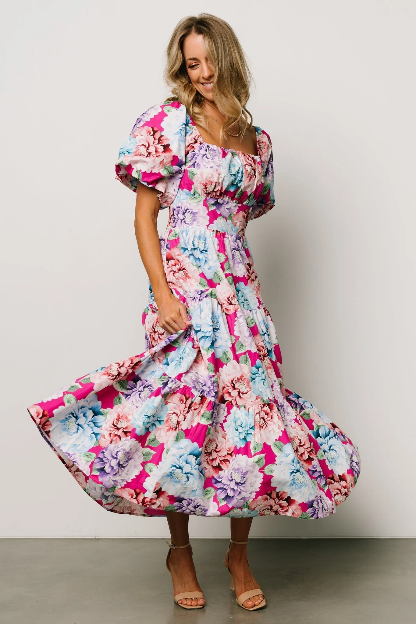 Iva Puff Sleeve Midi Dress | Fuchsia Multi Floral