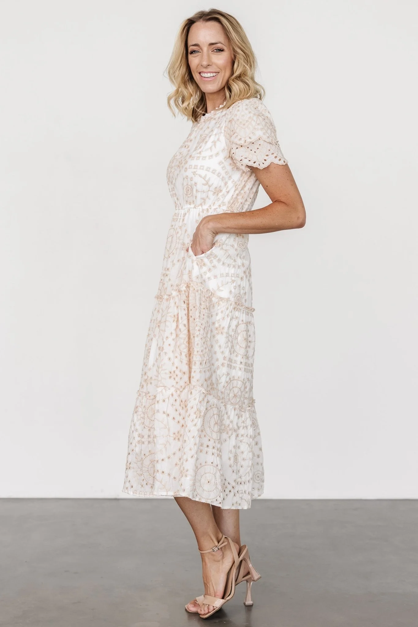 Mirabel Eyelet Midi Dress | White + Natural