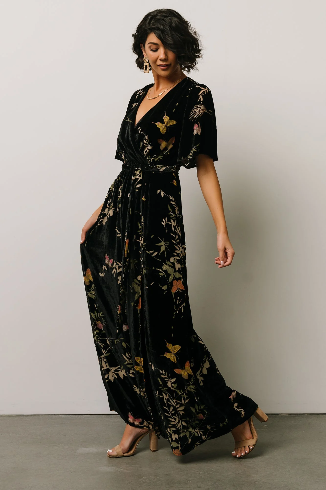 Uma Velvet Maxi Dress | Black Butterfly Print