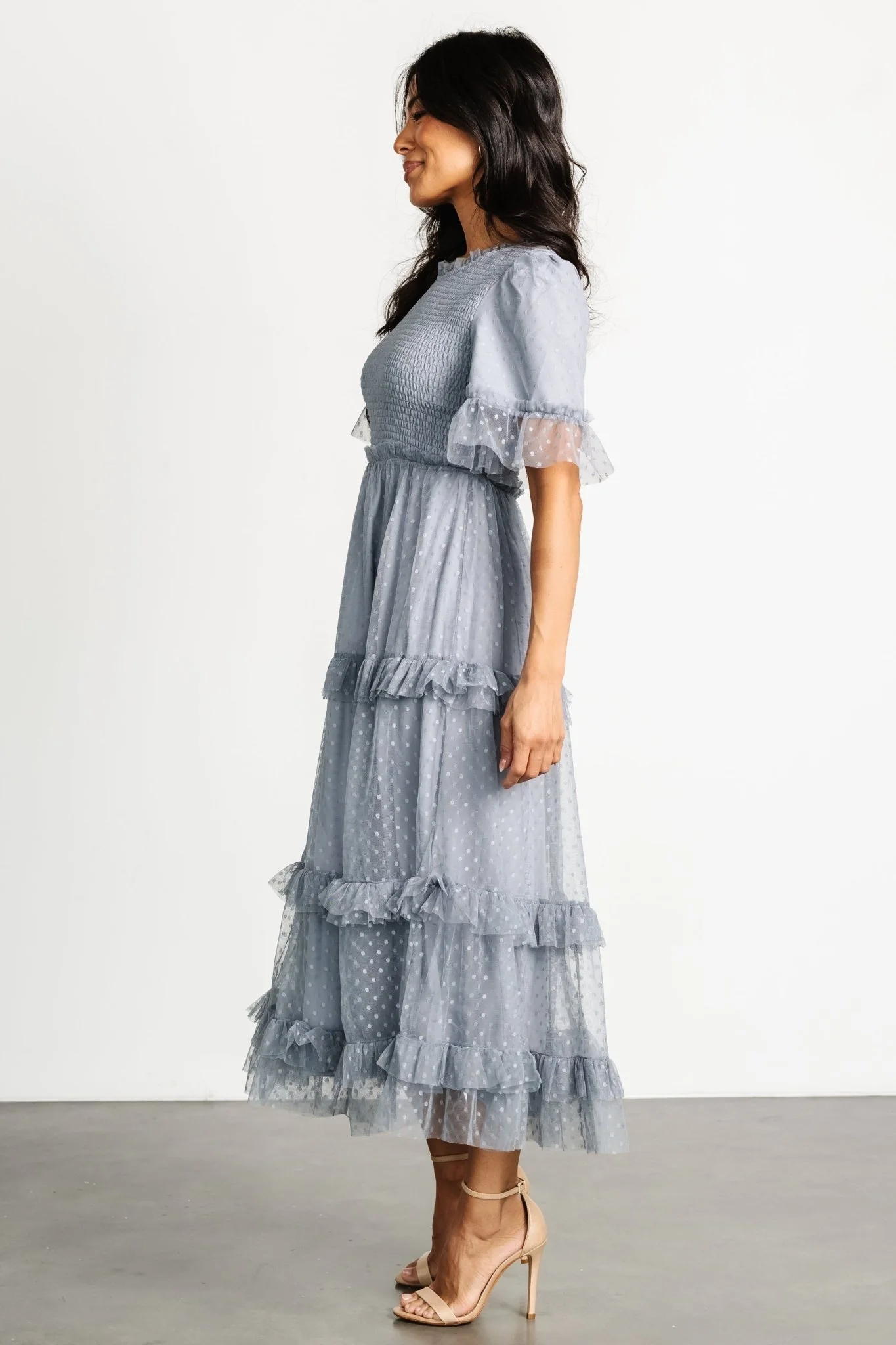 Lysandra Smocked Dot Dress | Dusty Slate