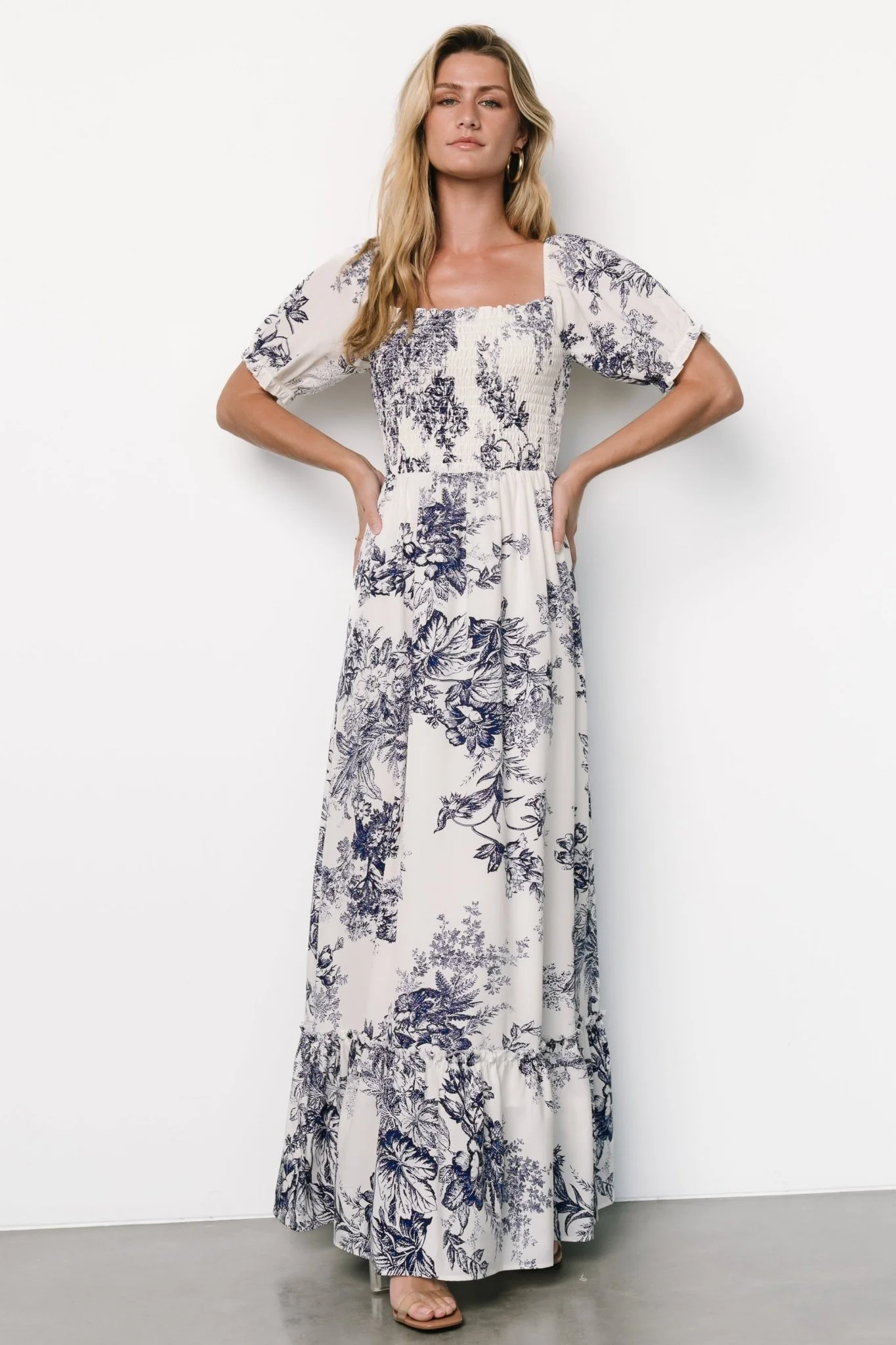 Capri Smocked Maxi Dress | Ivory + Blue Floral