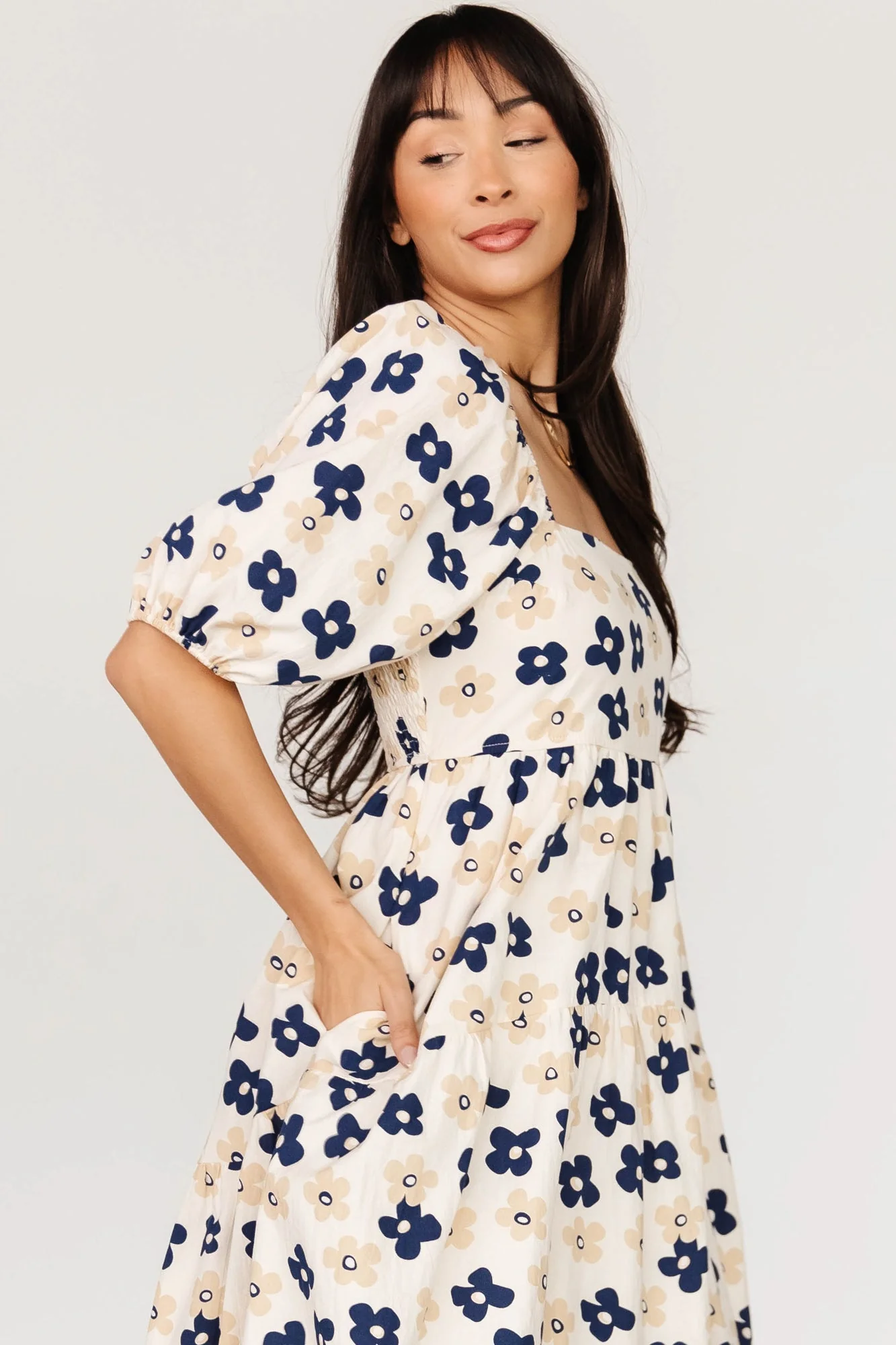 Aimee Puff Sleeve Midi Dress | Natural + Navy