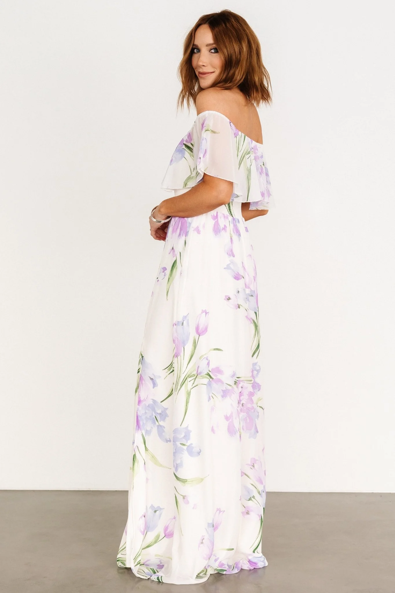 Daphne Off Shoulder Maxi Dress | Ivory + Lavender Floral