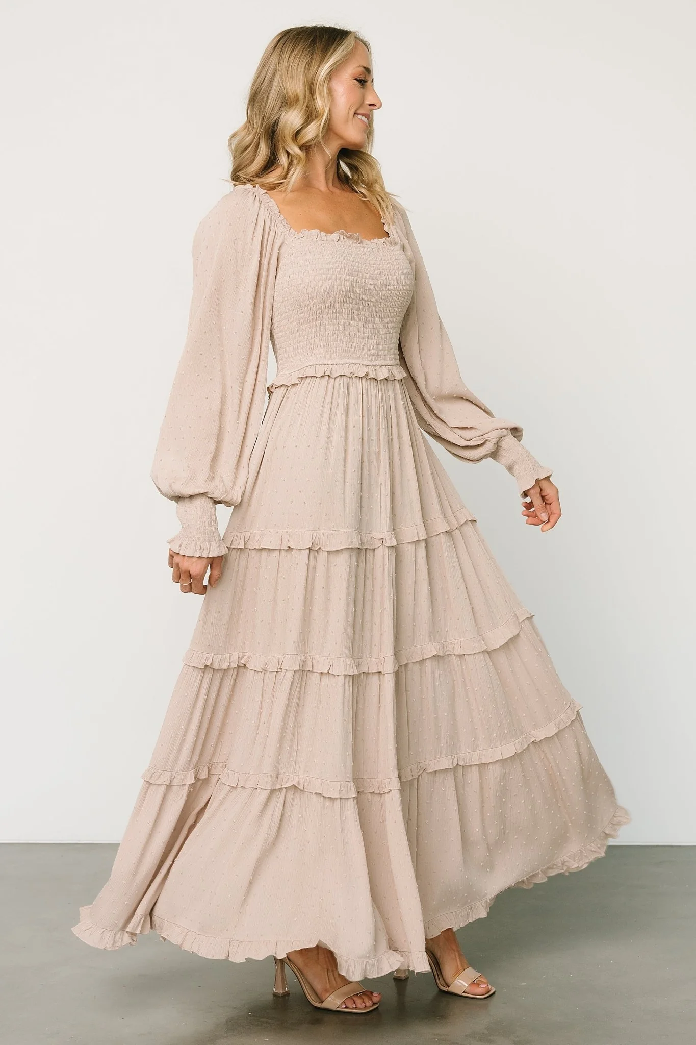 Amanda Smocked Dotted Maxi Dress | Beige