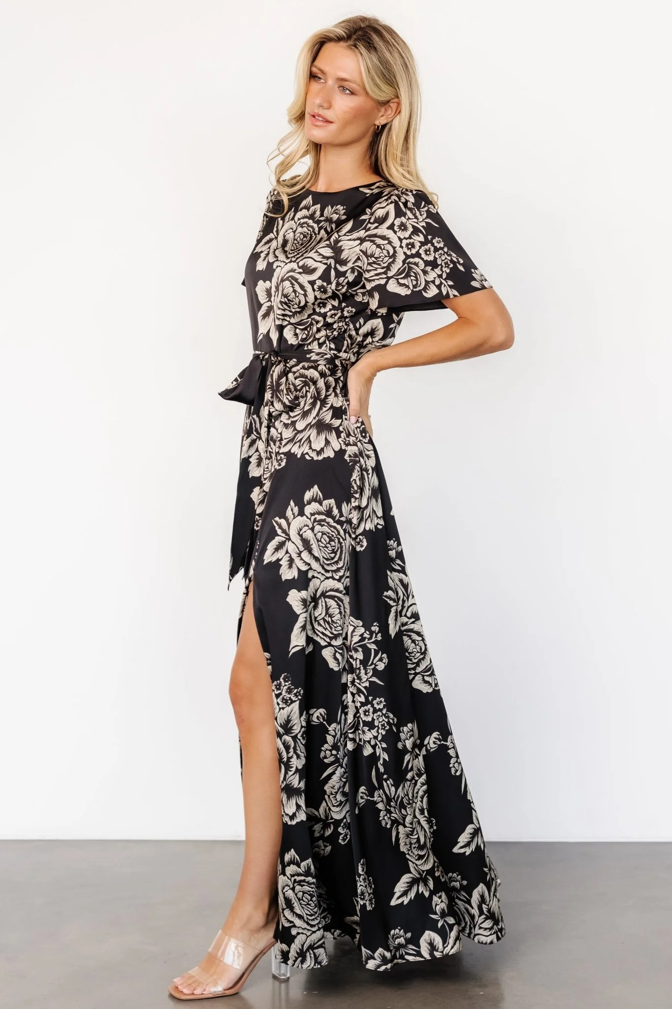 Agnes Satin Maxi Dress | Black + Cream Floral