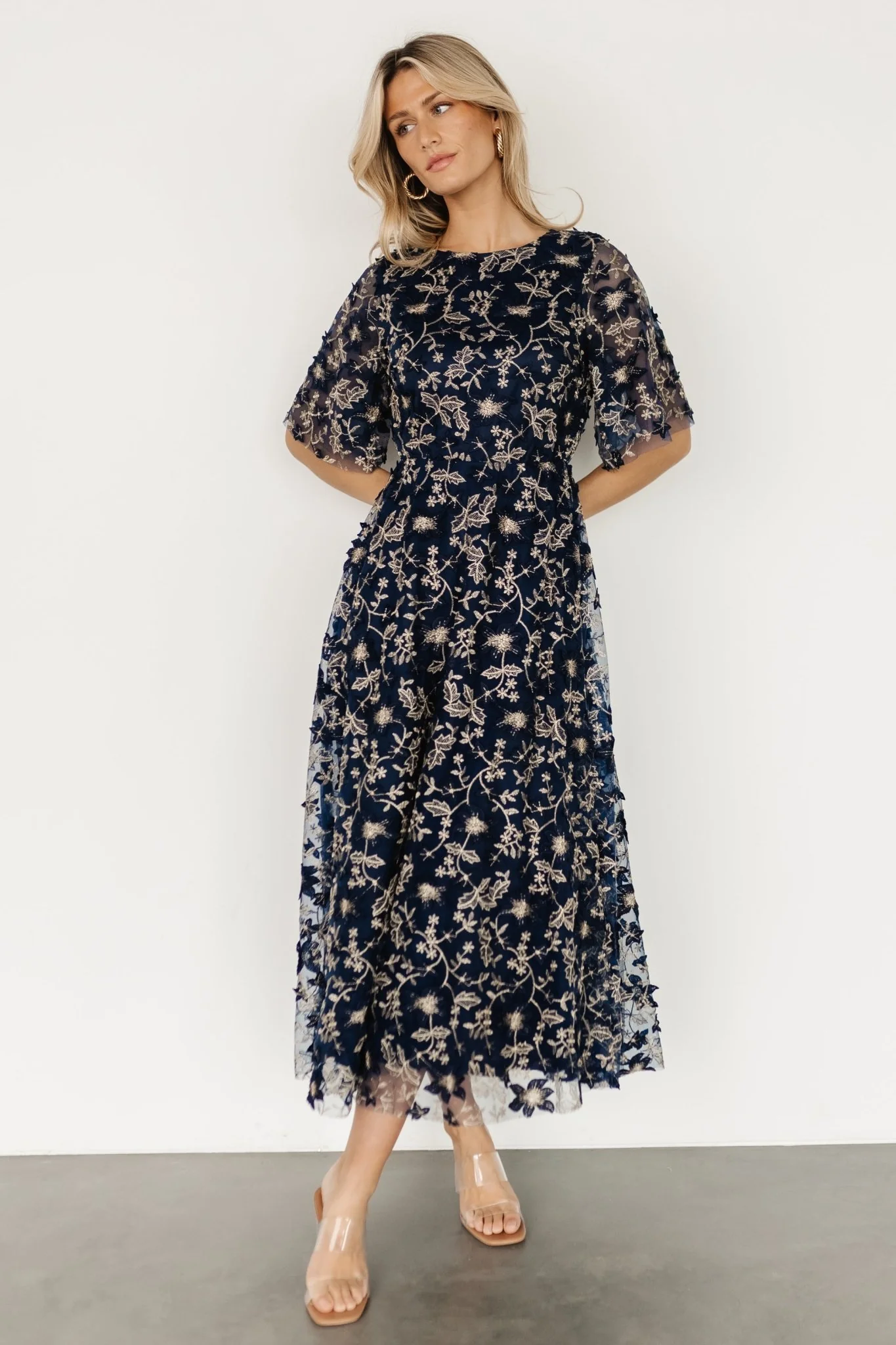 Arabella Embroidered Tulle Maxi Dress | Navy + Gold