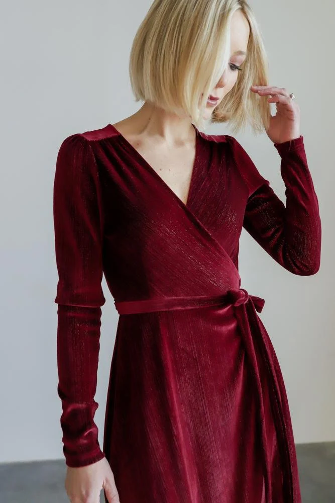 Serena Shimmer Velvet Wrap Dress | Merlot