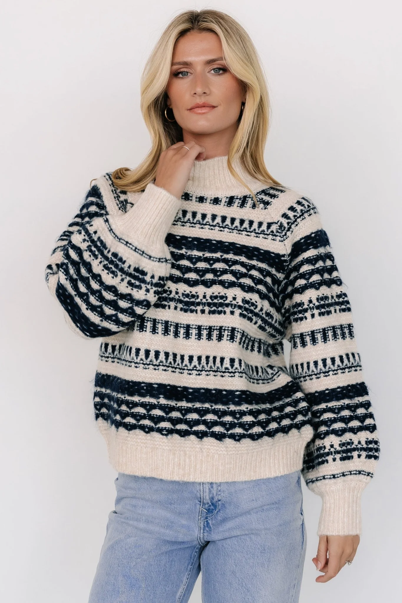 Guadalupe Mock Neck Sweater | Ivory + Navy