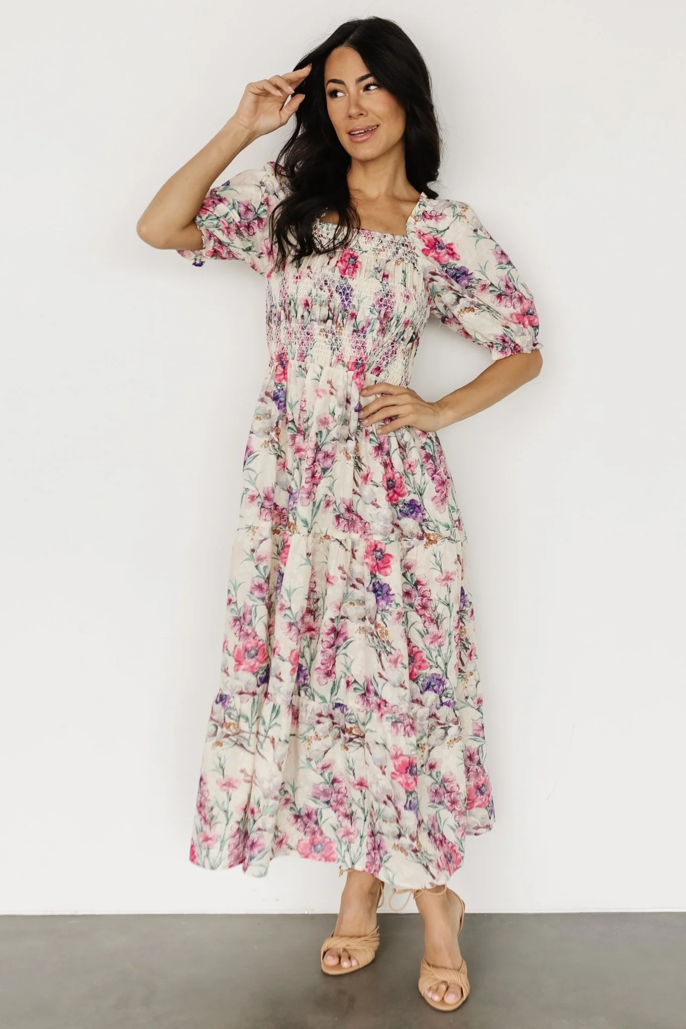 Tulsa Smocked Dress | Cream + Pink