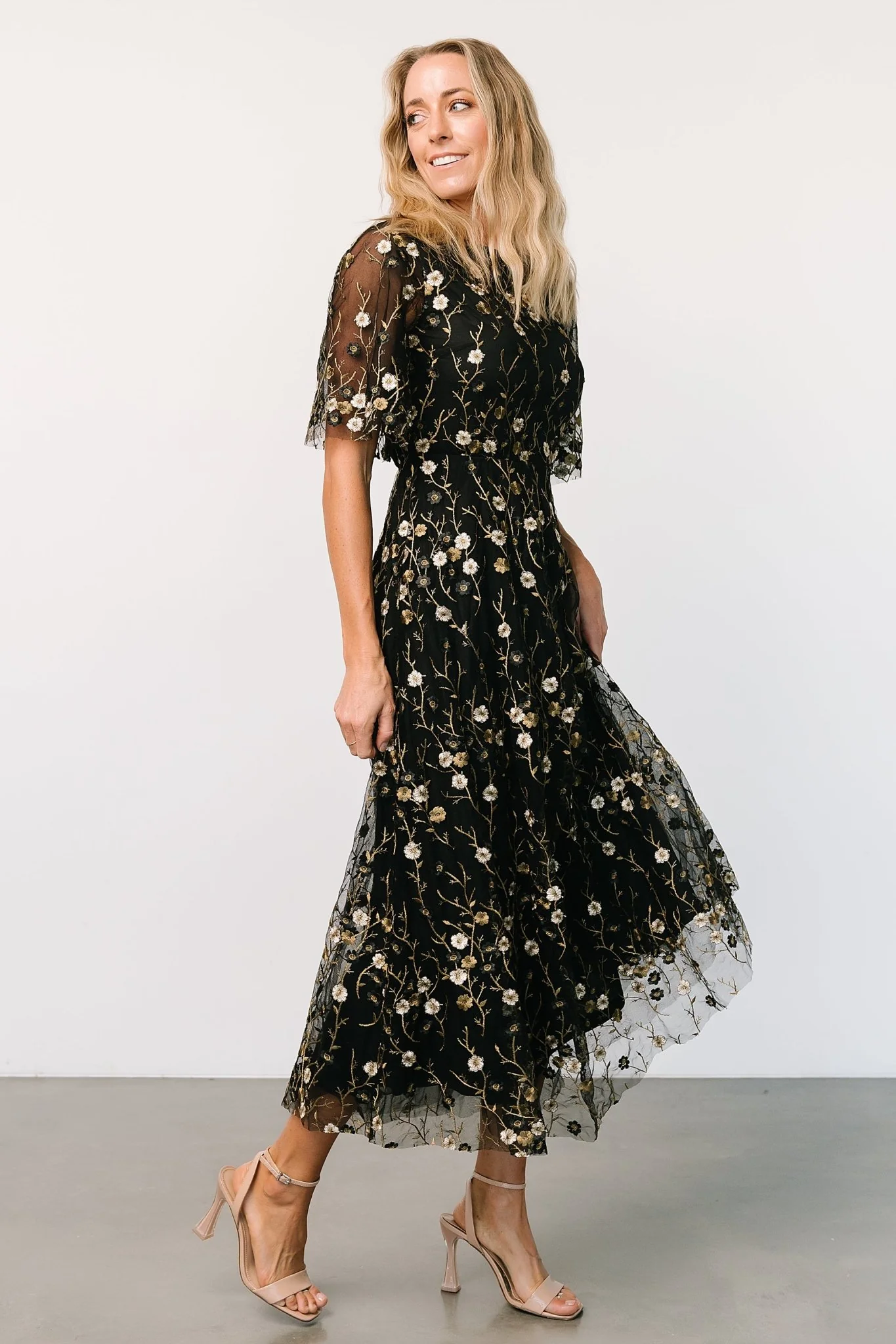Arabella Embroidered Tulle Maxi Dress | Gold + Black