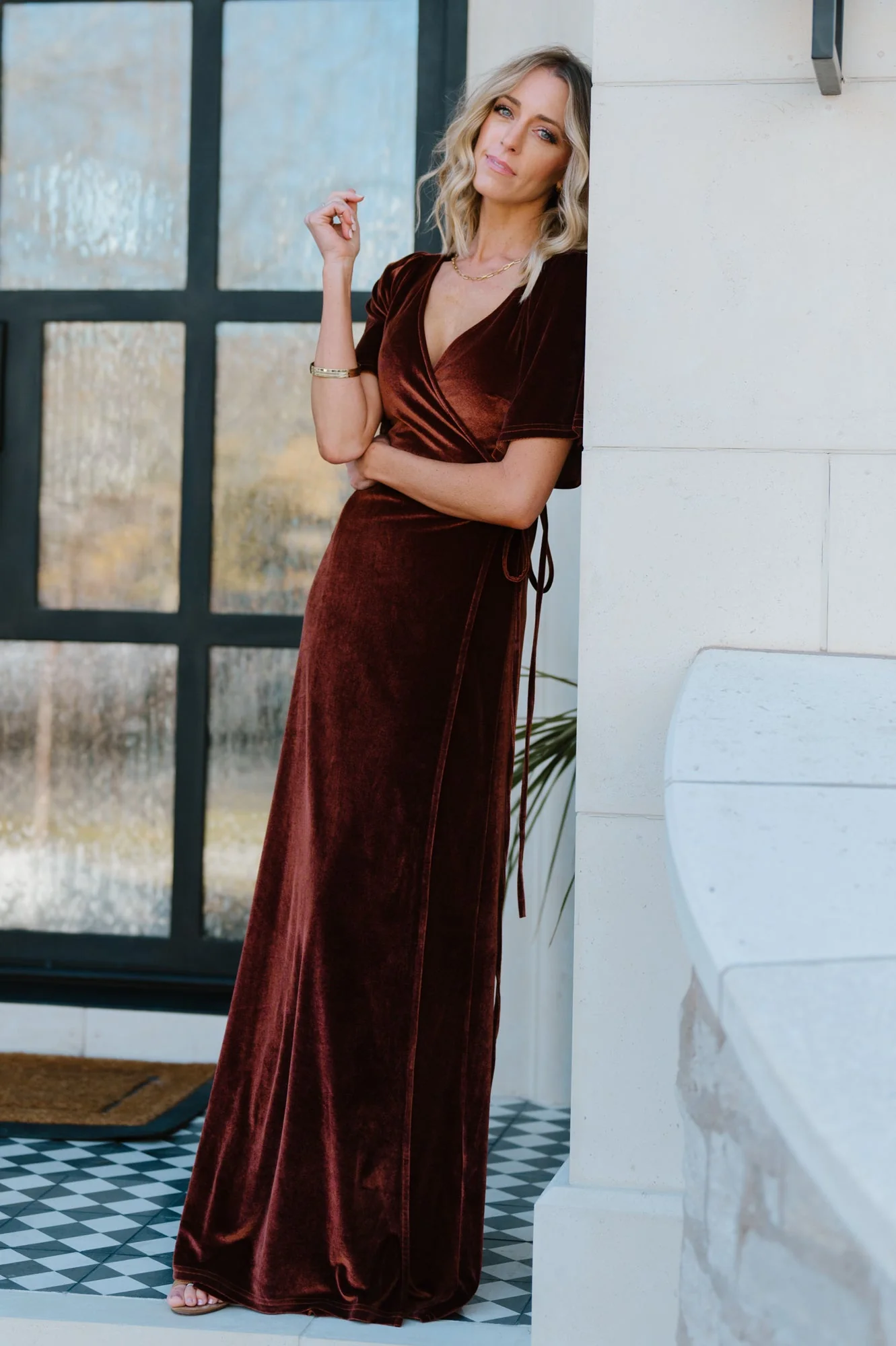 Meghan Velvet Wrap Maxi Dress | Bronze