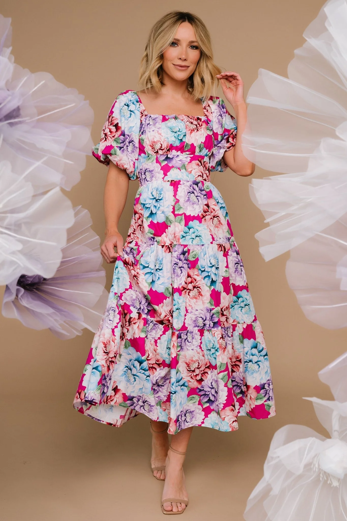 Iva Puff Sleeve Midi Dress | Fuchsia Multi Floral