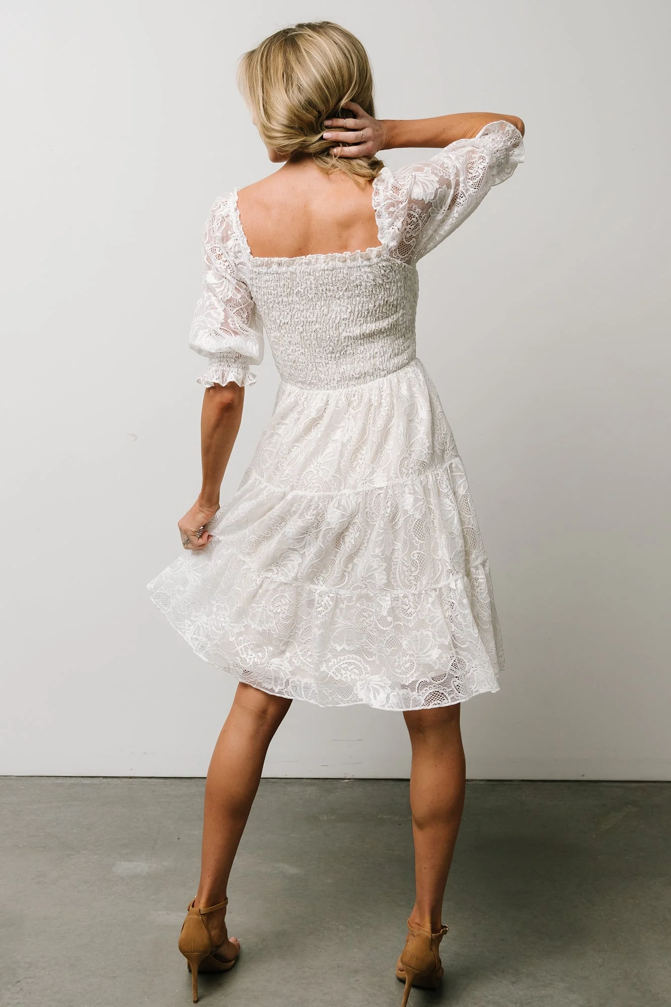 Tate Smocked Lace Short Dress | Off White