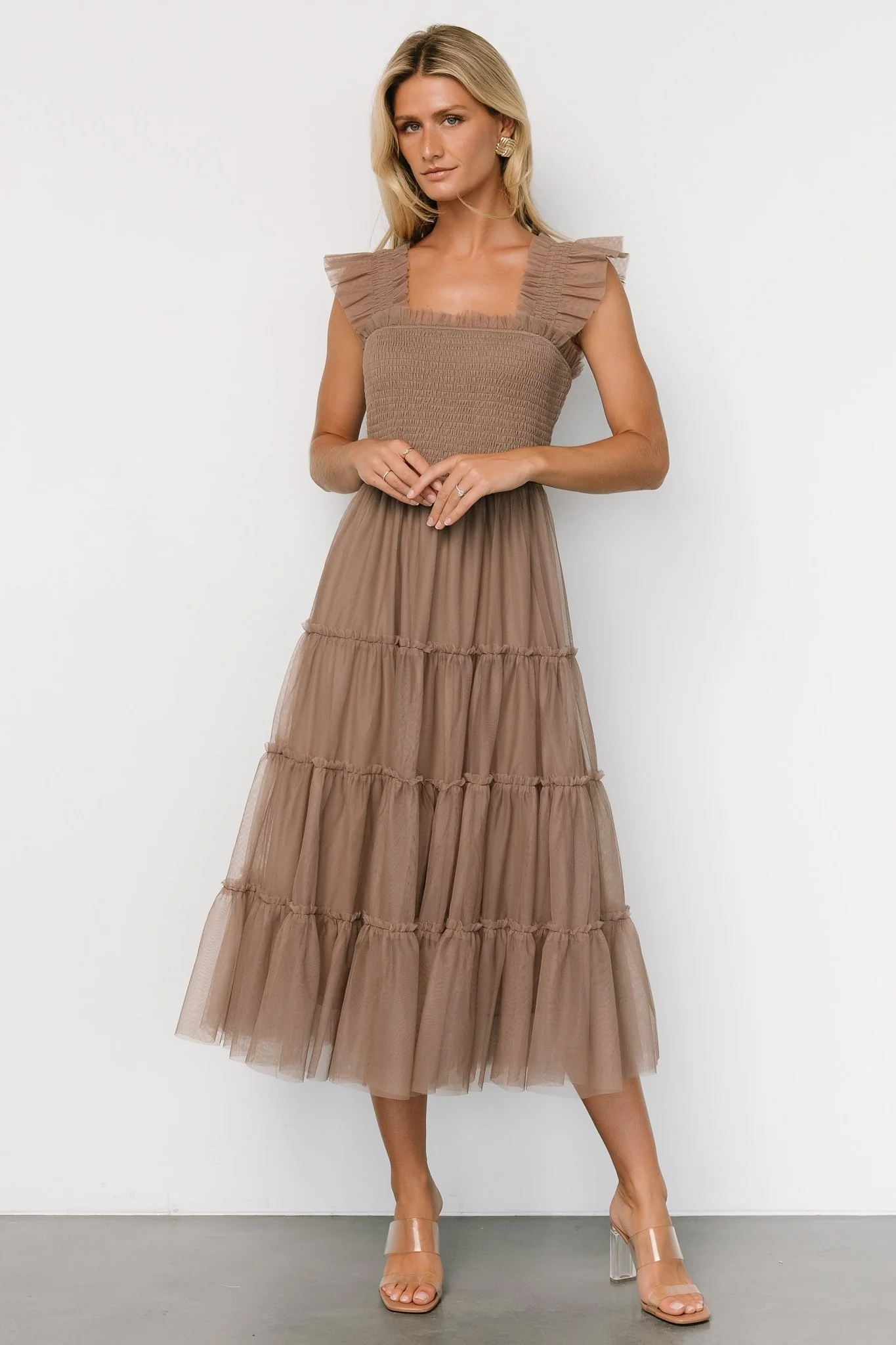 Emma Smocked Tulle Dress | Taupe