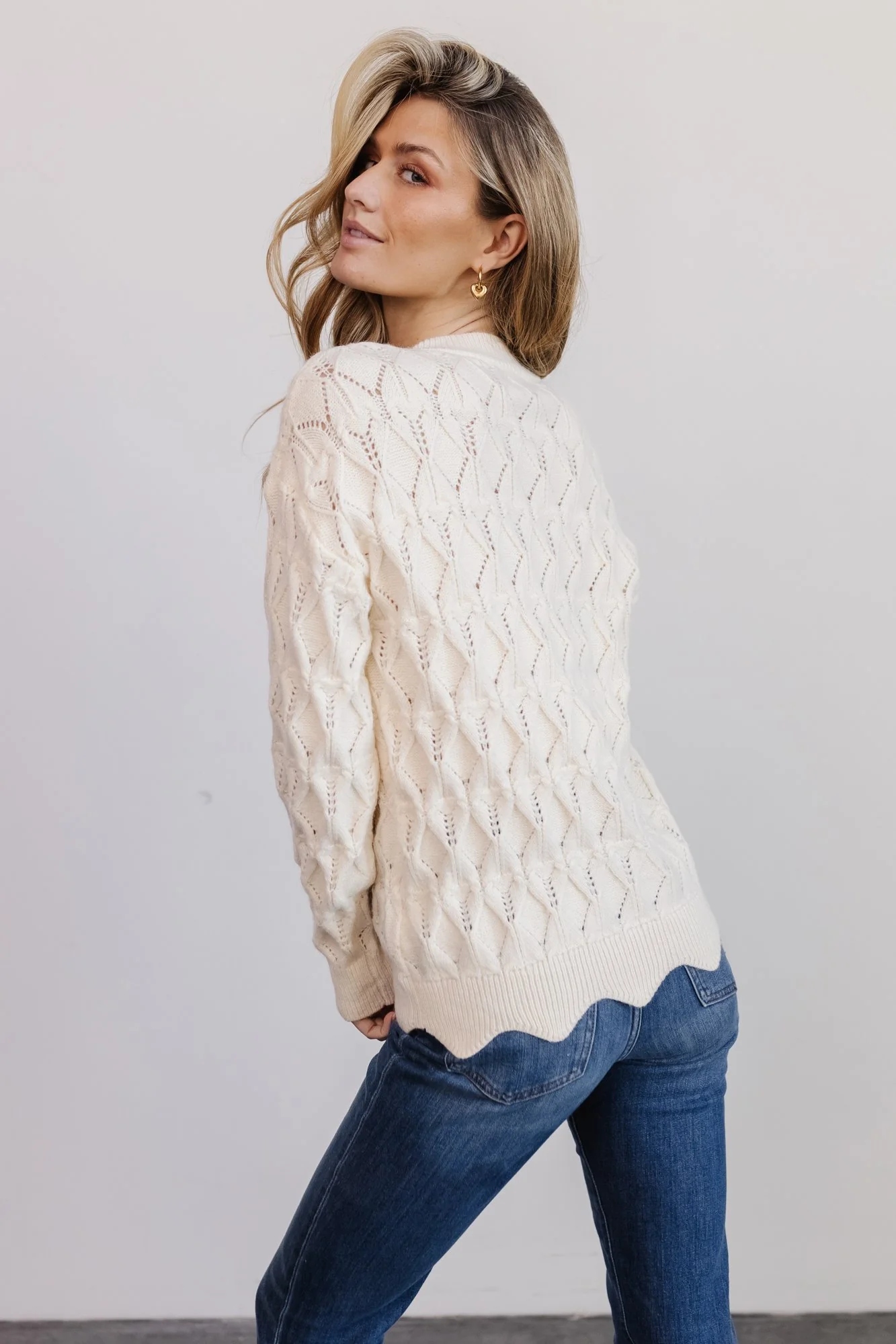 Perle Eyelet Scallop Sweater | Cream