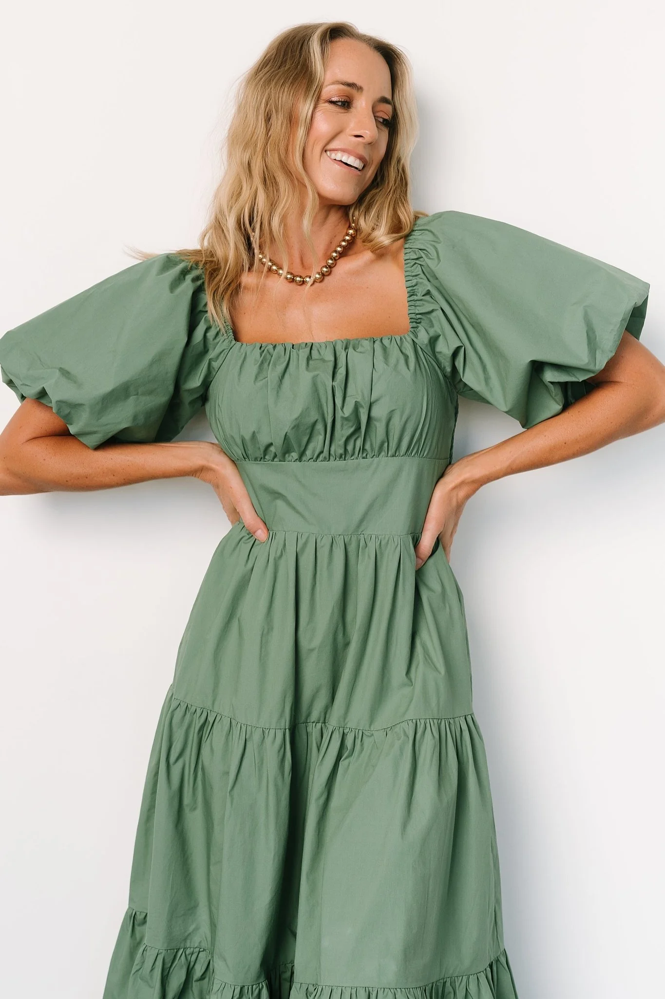 Cindy Puff Sleeve Tiered Dress | Dusty Green