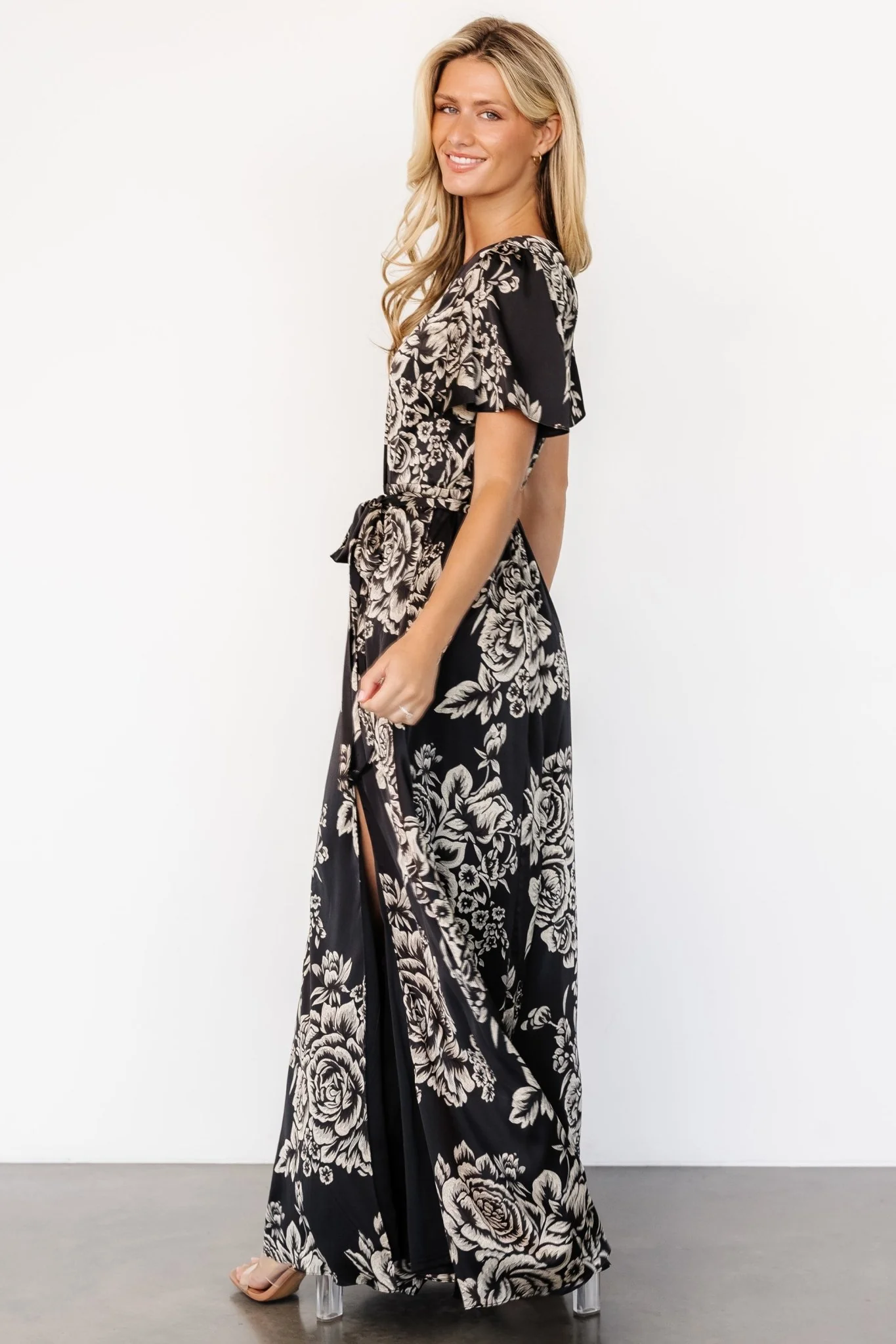 Agnes Satin Maxi Dress | Black + Cream Floral