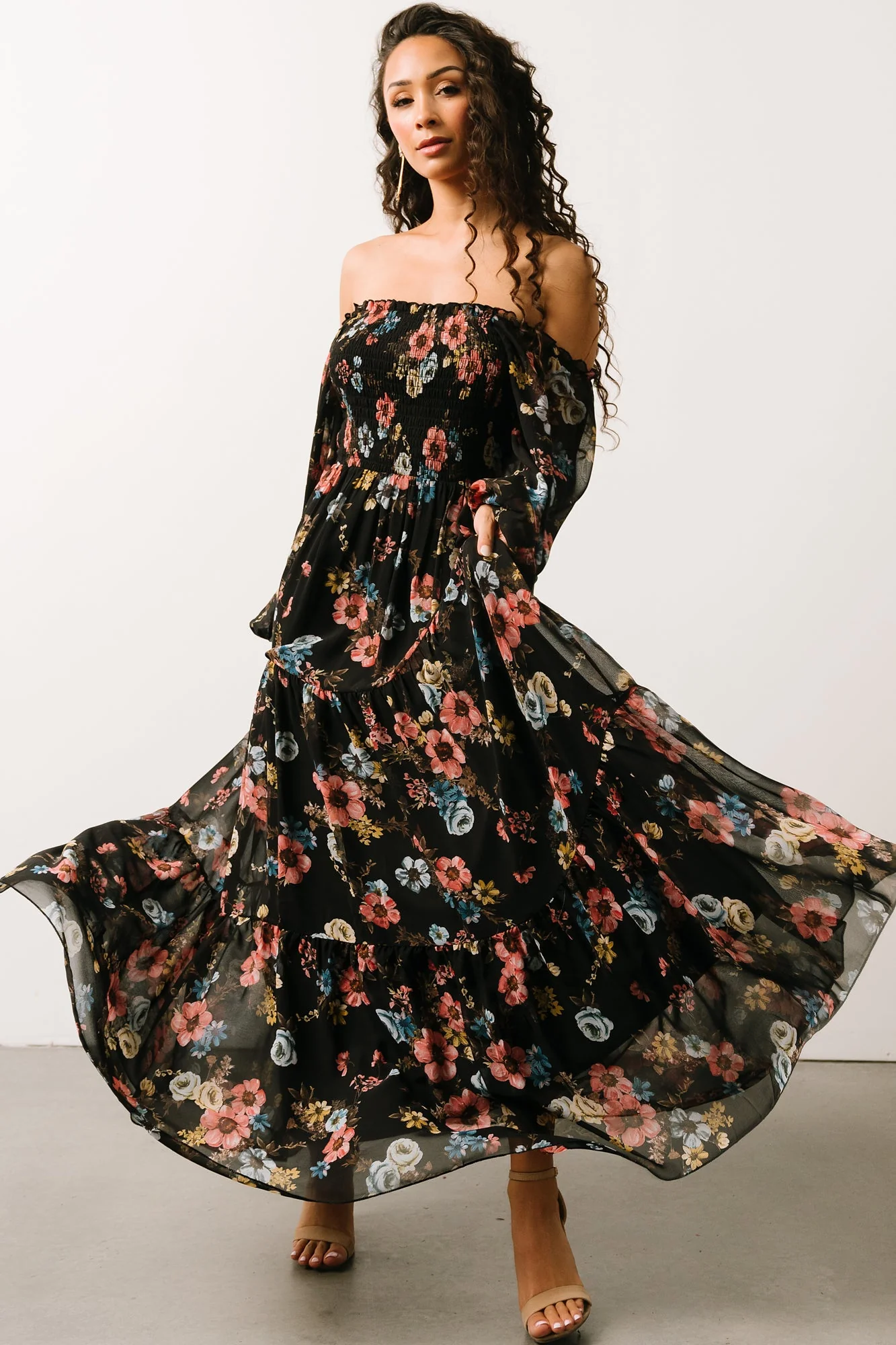 Isabela Smocked Maxi Dress | Black Multi Floral