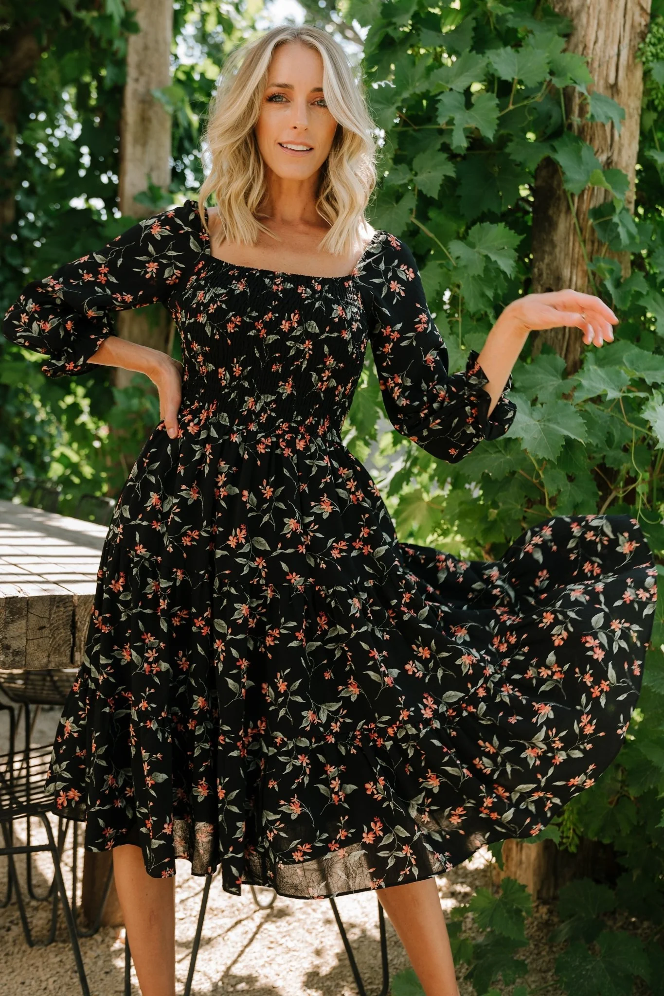 Marta Smocked Midi Dress | Black Floral