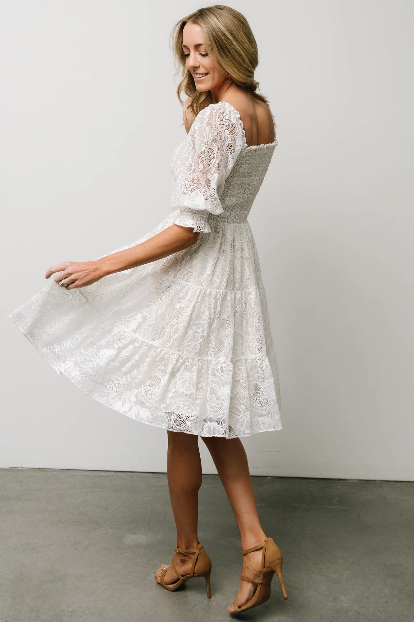 Tate Smocked Lace Short Dress | Off White
