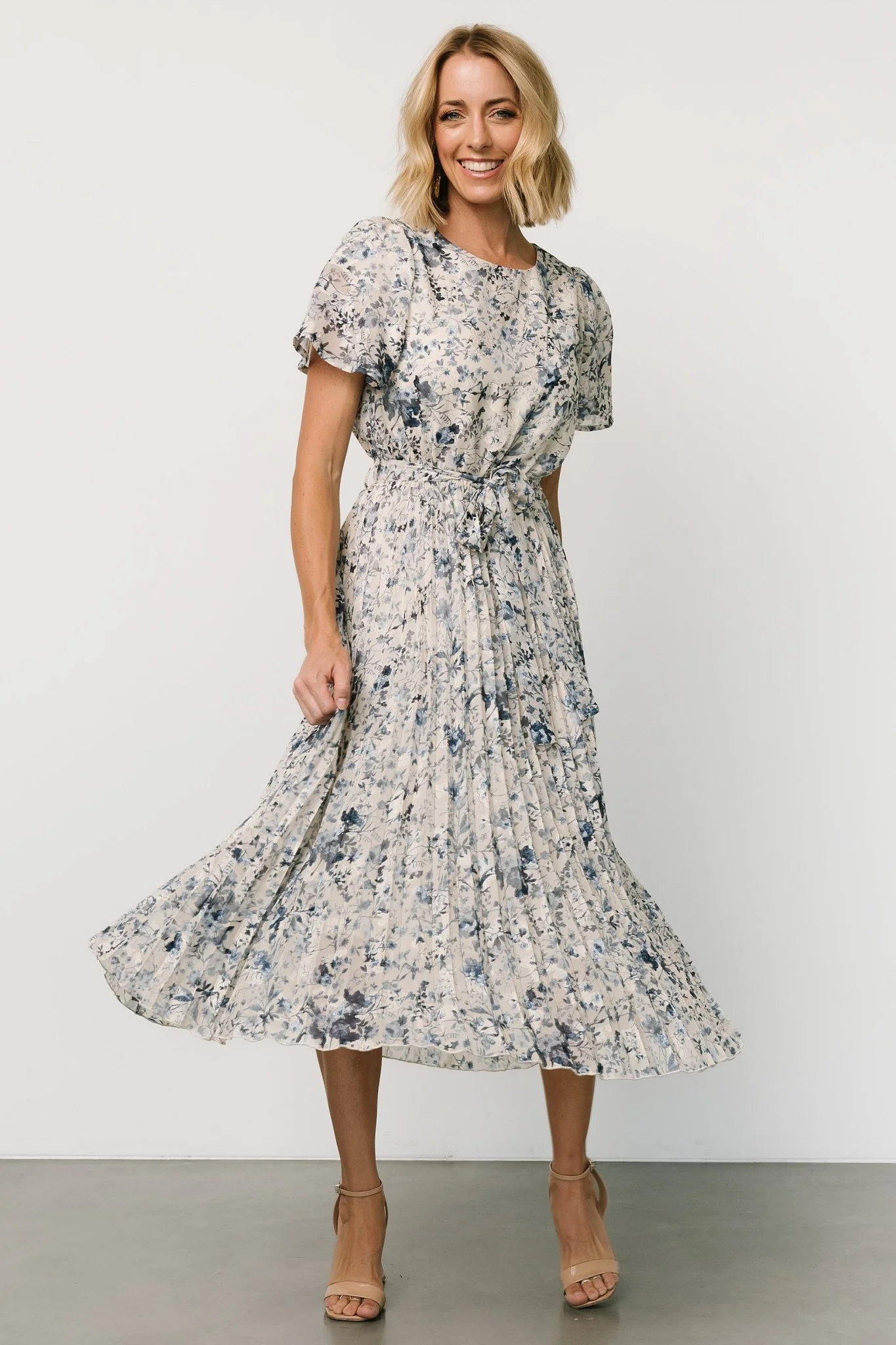 Alexandra Pleated Dress | Off White + Blue