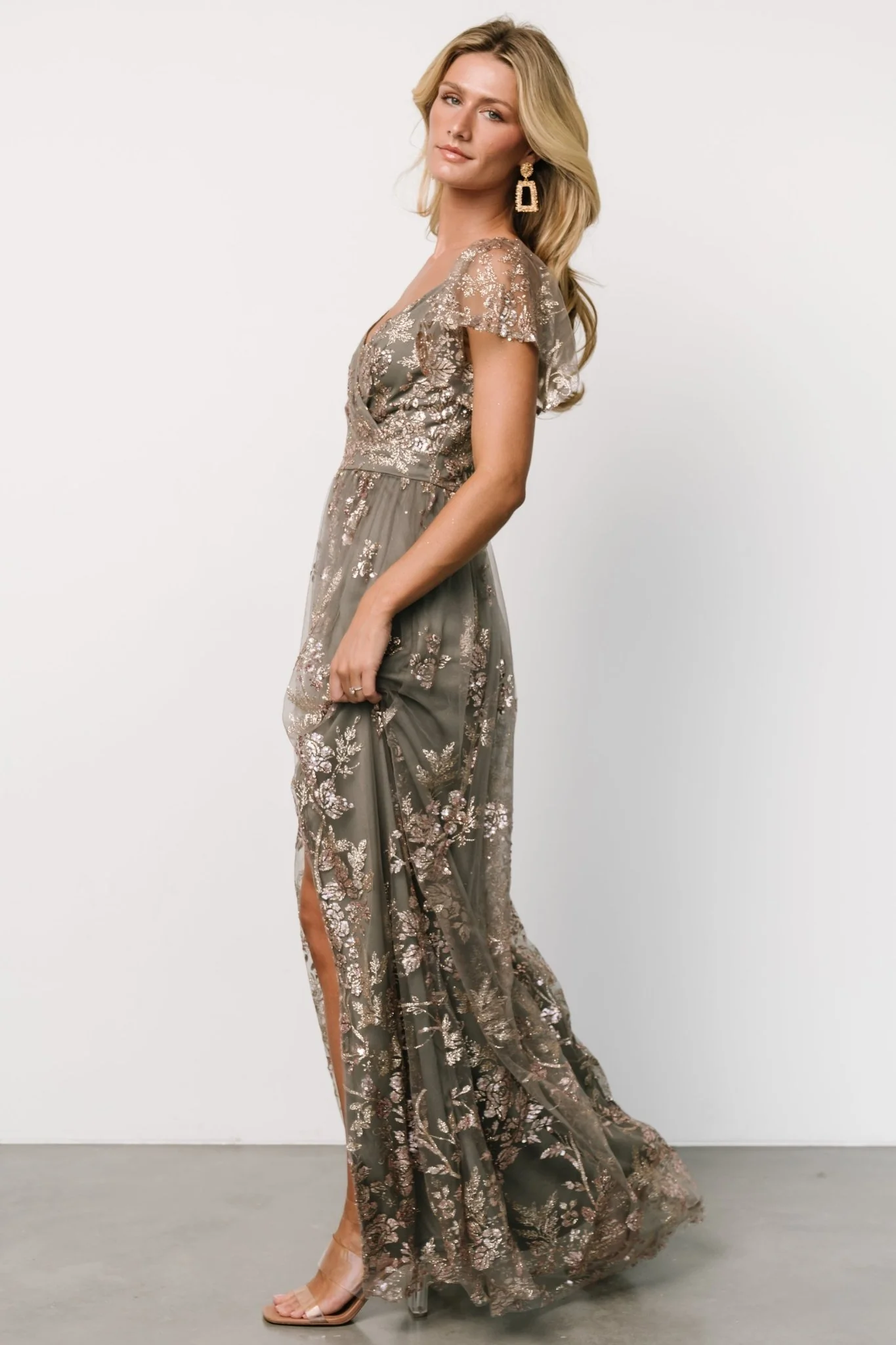 Corinne Shimmer Maxi Gown | Dark Sage + Rose Gold