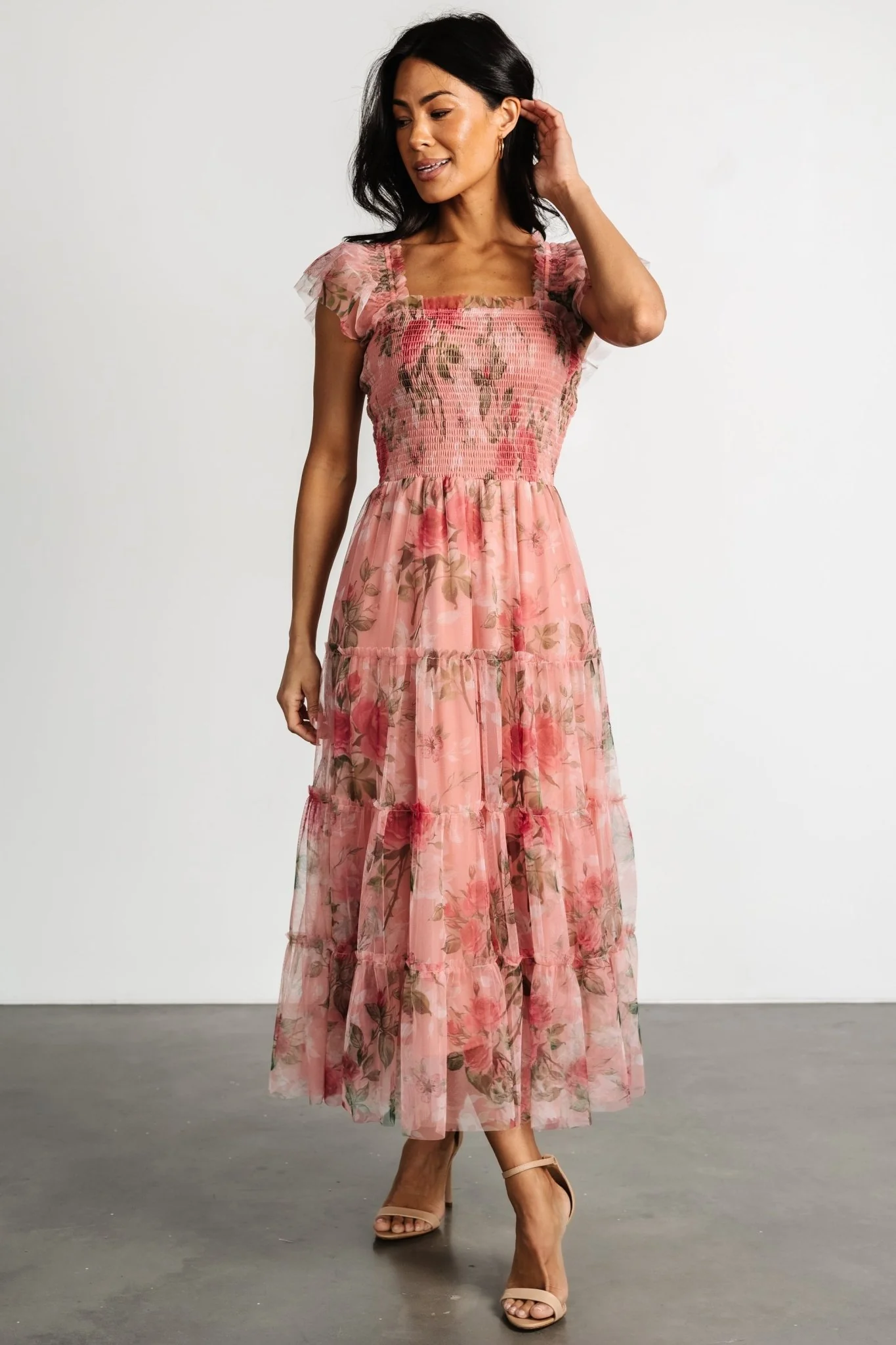 Clementine Tulle Midi Dress | Pink Rose Floral