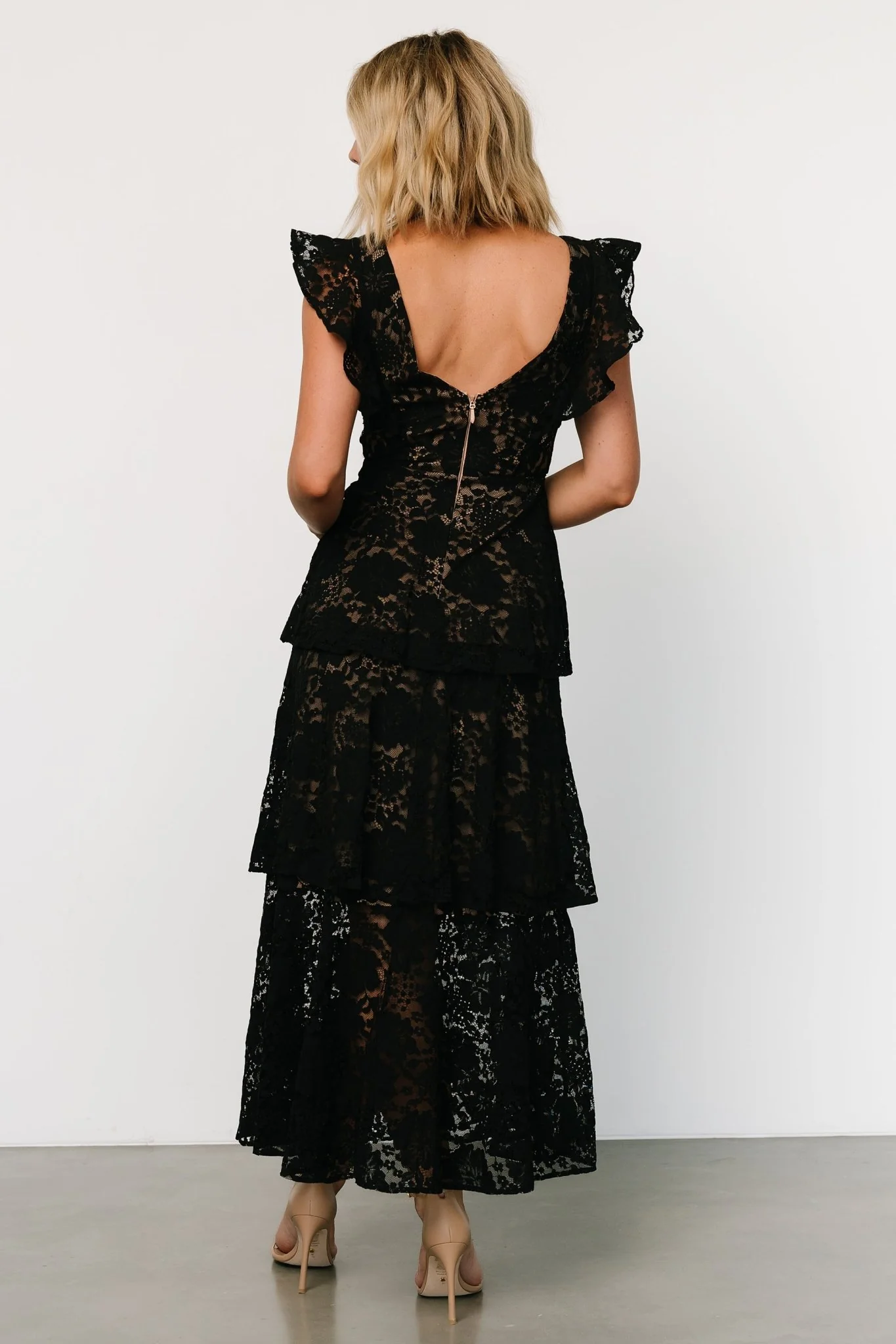 Margot Lace Tiered Maxi Dress | Black + Nude