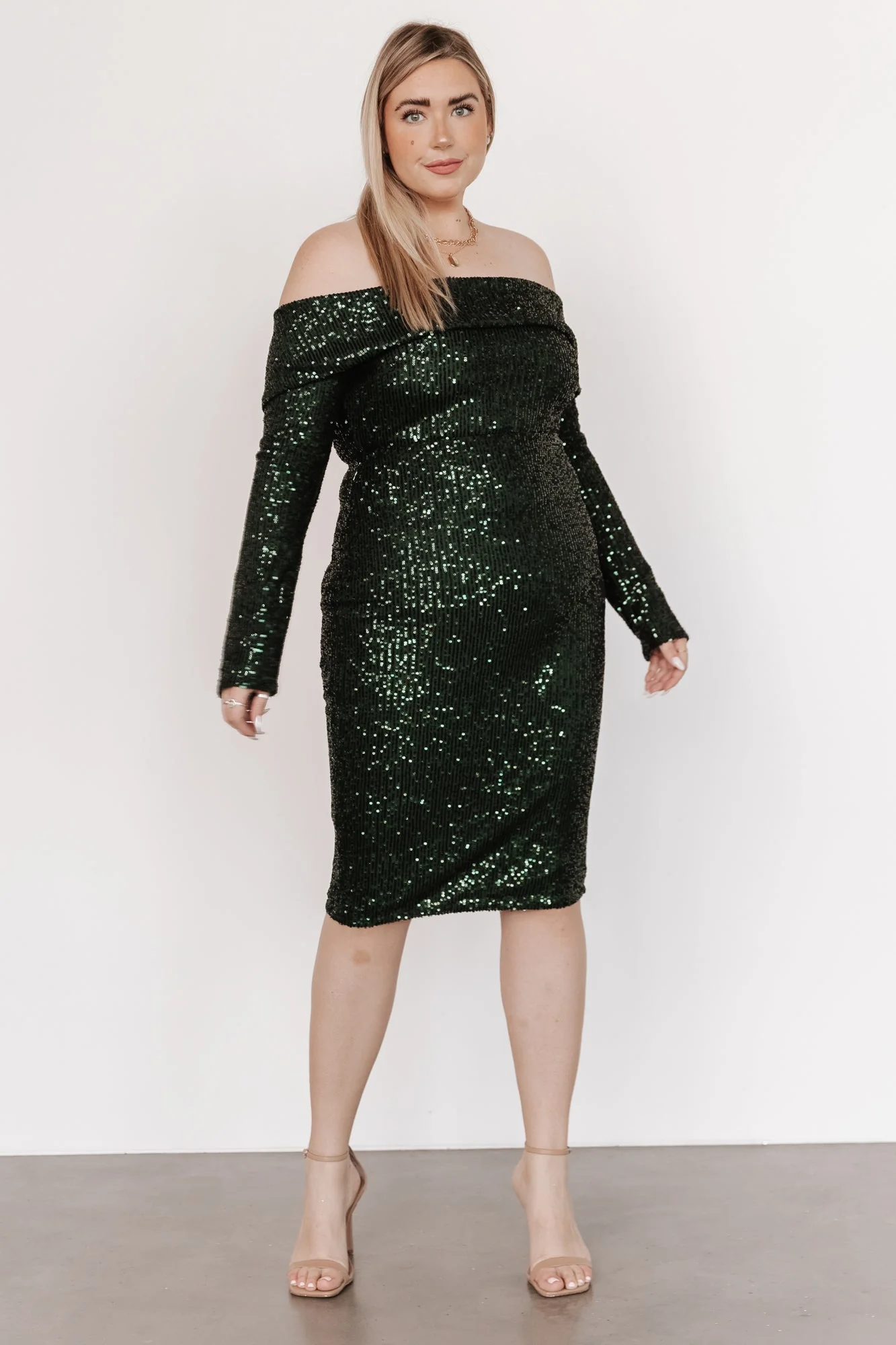 Karma Off Shoulder Sequin Midi Dress | Dark Green